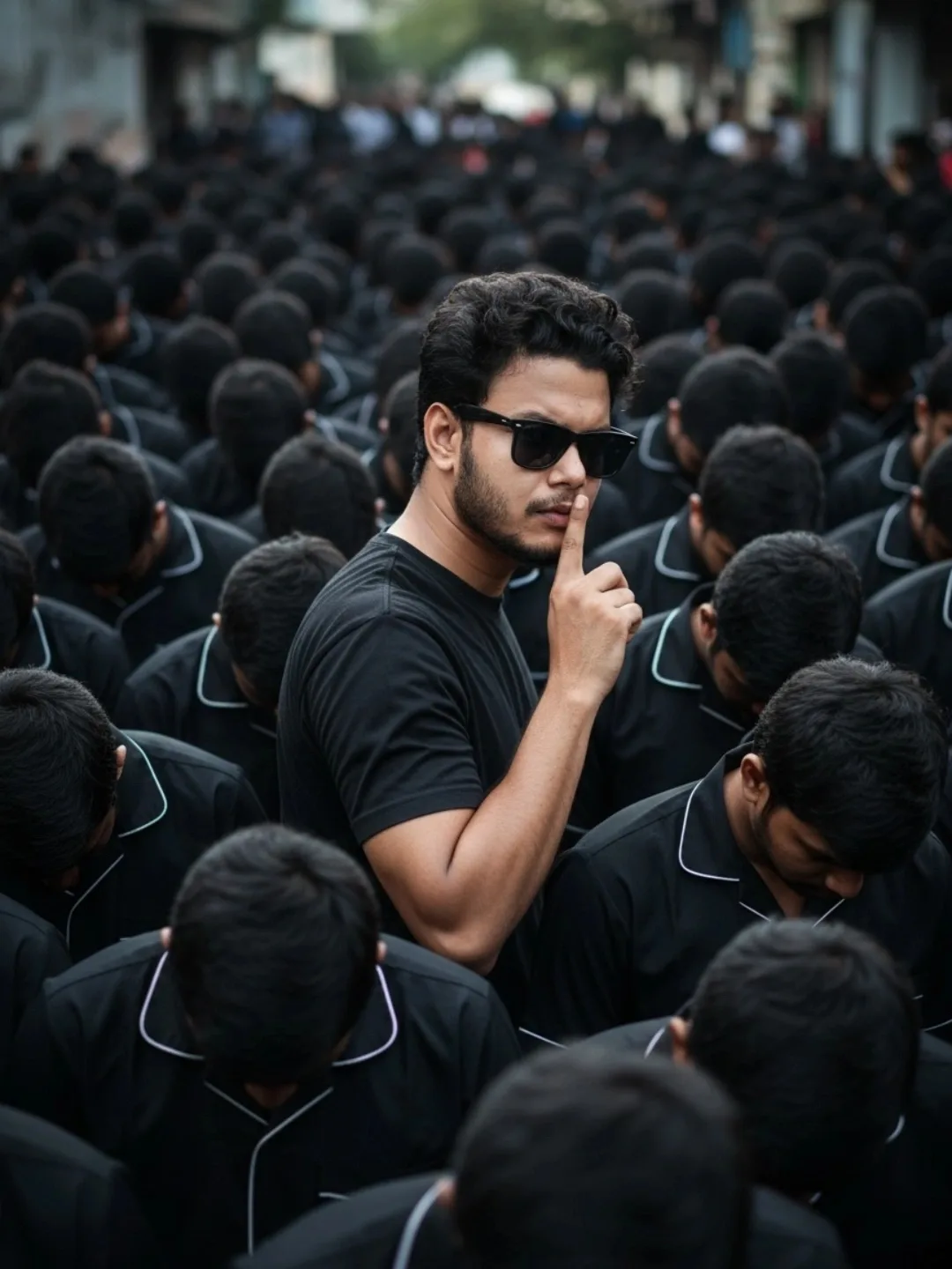 Photorealistic cinematic portrait of a confident young man standing upright in the center of a dense crowd of identical men with bowed