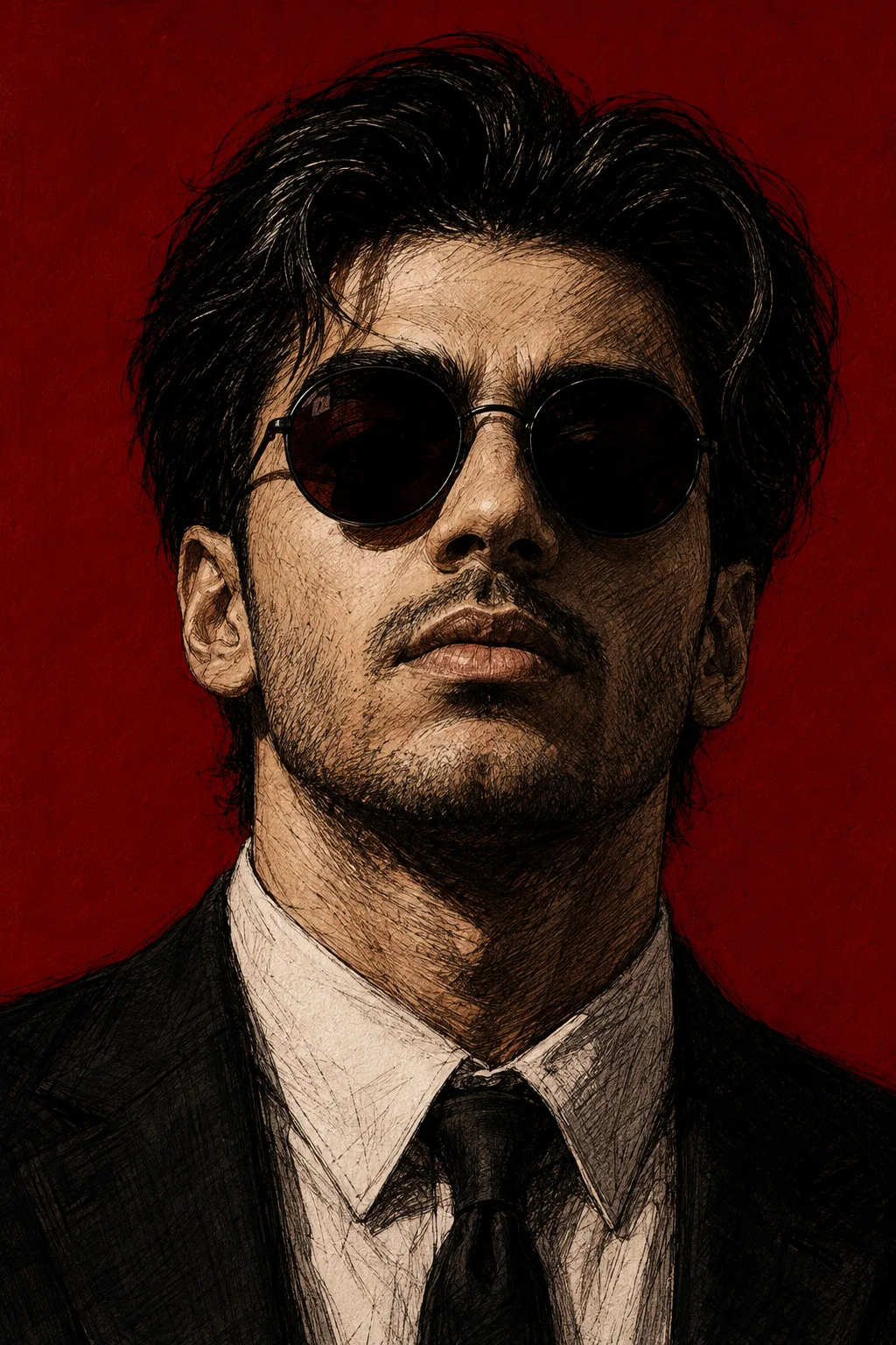 Create a highly detailed hand-drawn editorial portrait illustration of a mysterious young adult man wearing dark round sunglasses, shown in