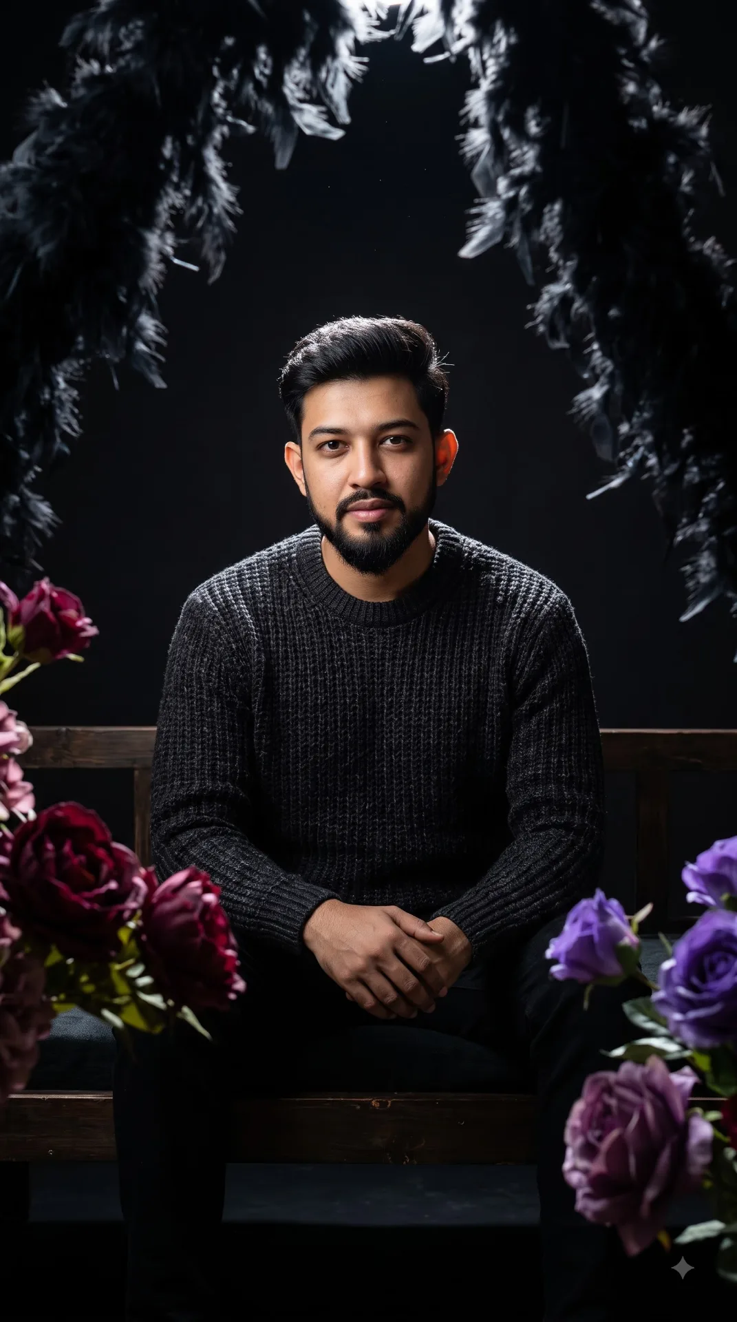 Using the uploaded photo as the identity reference, recreate spotlight from upper-front creating gentle falloff, knit sweater texture
