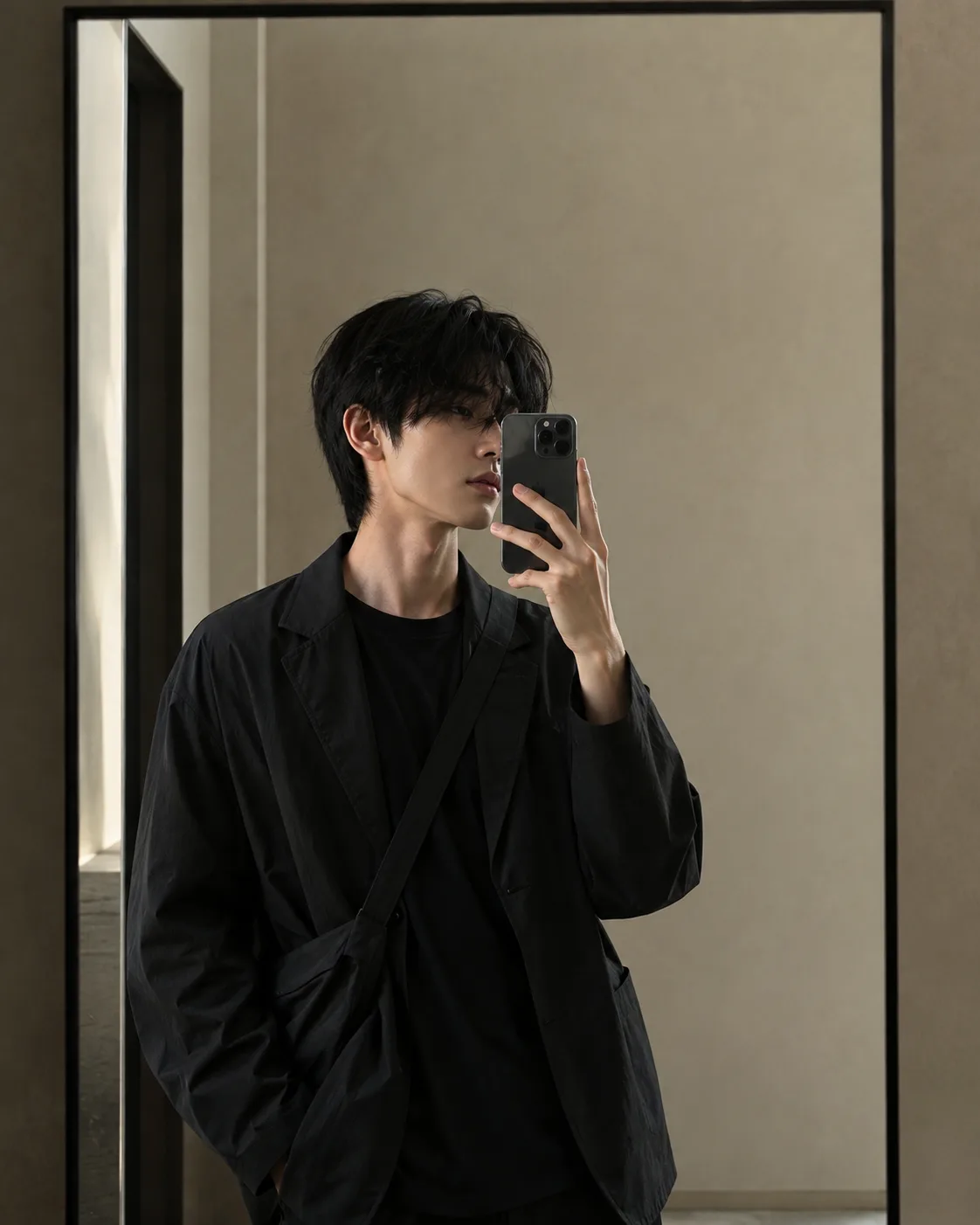Create a premium ultra-realistic editorial mirror-selfie photograph of a young adult male fashion model in a minimalist modern interior.