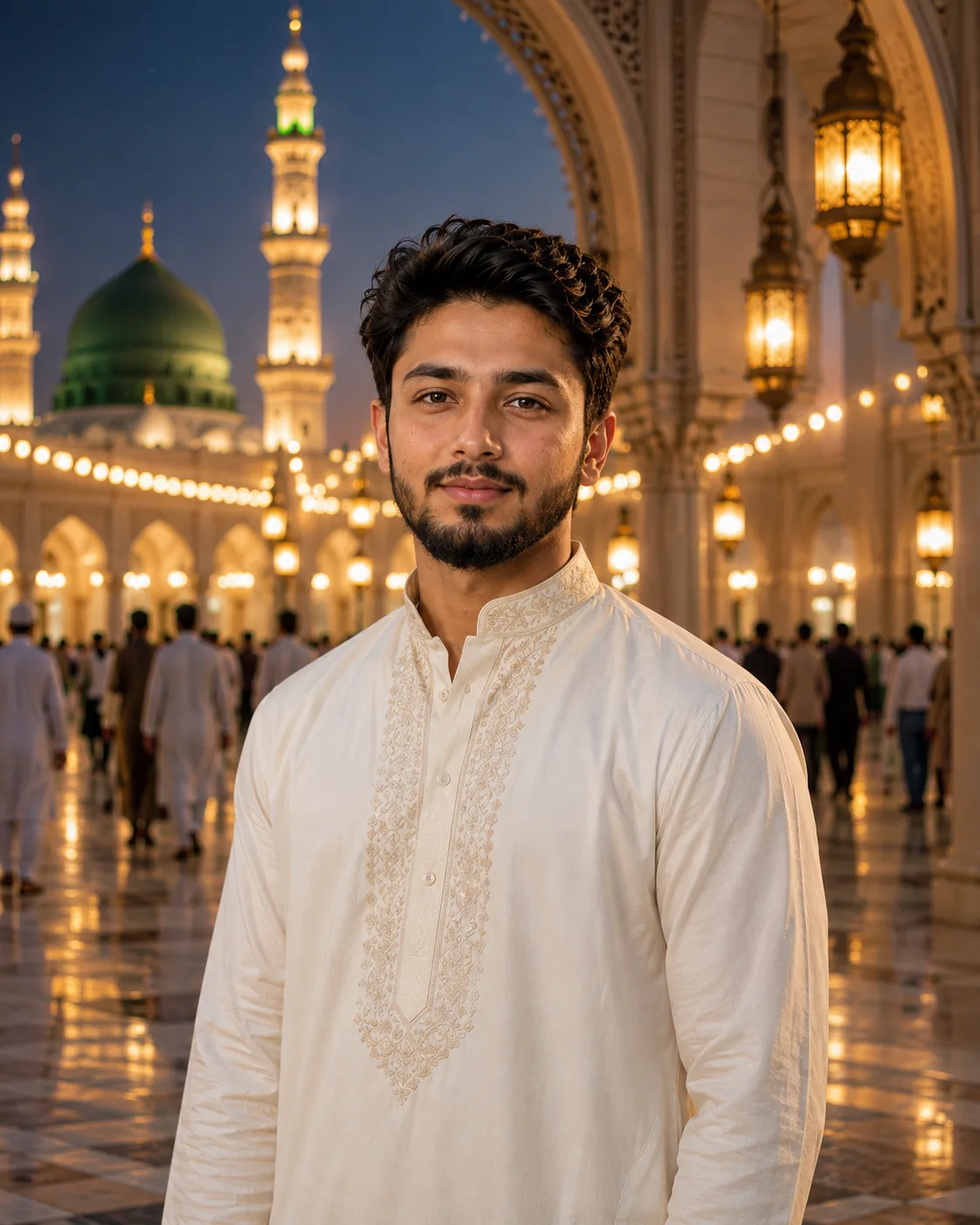 ## Prompt Create a photorealistic evening portrait of a young Muslim man with naturally textured dark hair, expressive brown eyes,