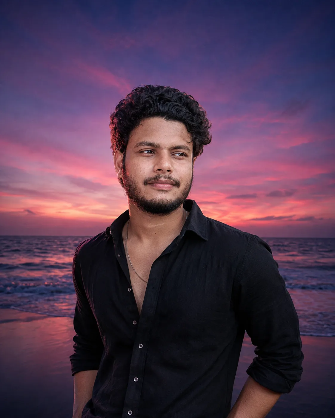 A handsome young Indian man with curly black hair and a short beard standing on a beach at sunset, looking slightly to the side with a soft