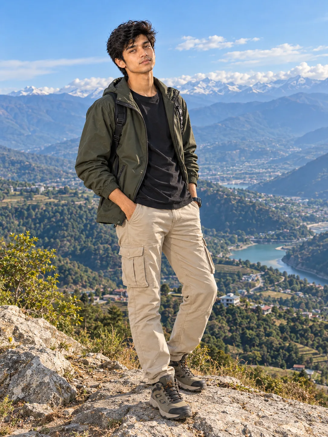 Ultra realistic photograph of a young man standing on a mountain viewpoint during daytime, shot on a real DSLR camera.