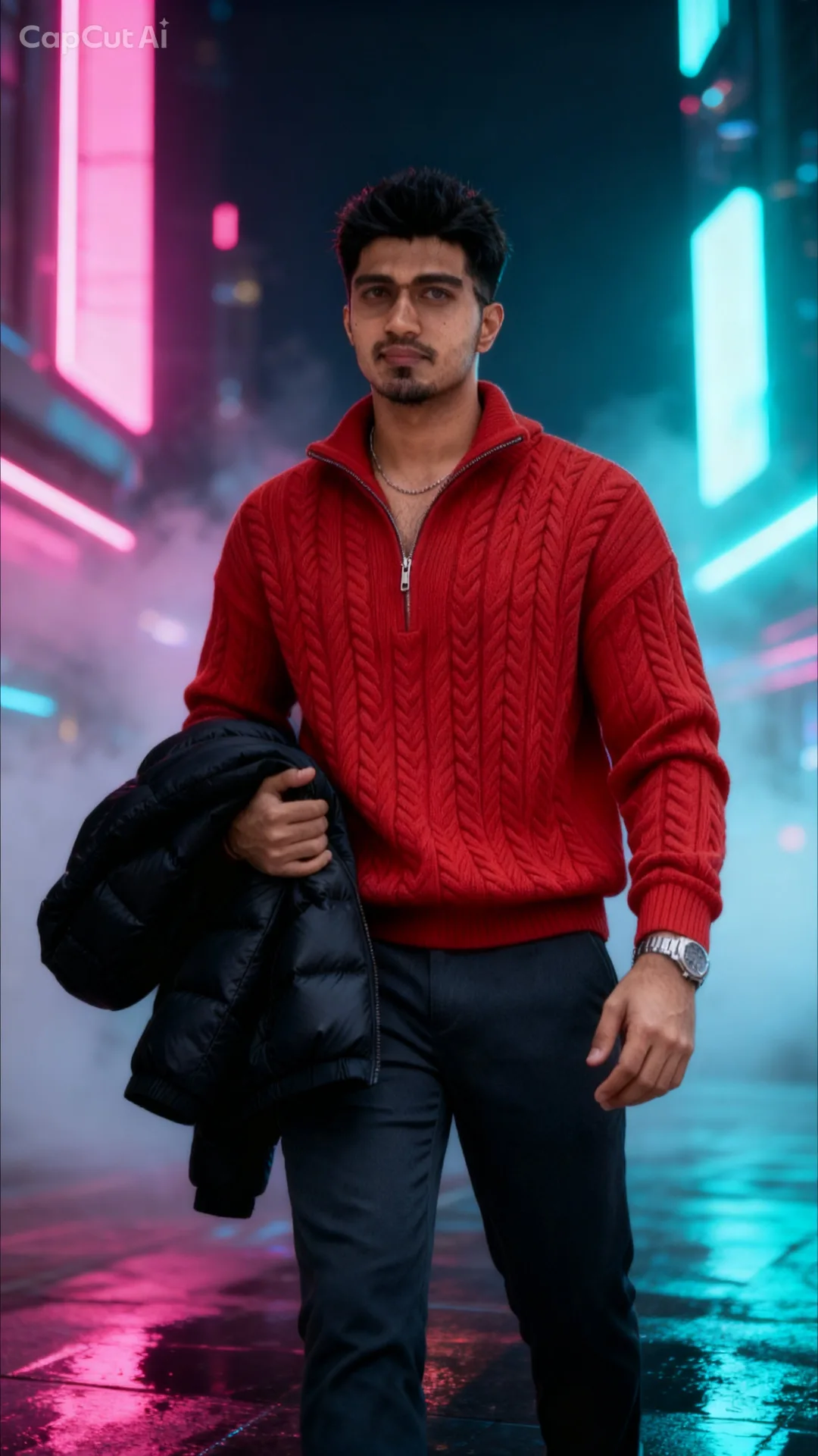 Ultra-realistic cinematic portrait of a stylish young person standing in a futuristic city at night, illuminated by soft neon pink and cyan