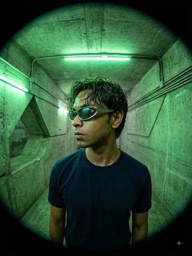 A cinematic fisheye-lens portrait of a young man standing in a futuristic concrete corridor, captured in a wide-angle circular frame with