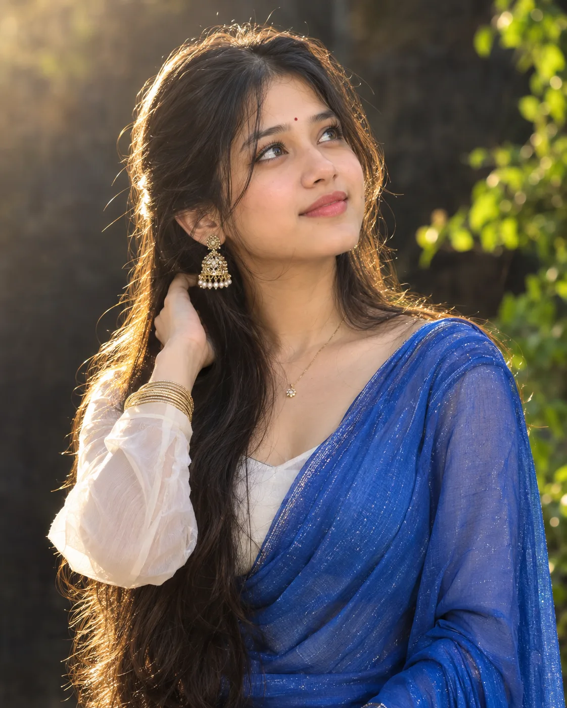 Create a highly photorealistic, cinematic portrait of a beautiful young South Asian woman (early 20s) in a serene, sunlit outdoor setting.