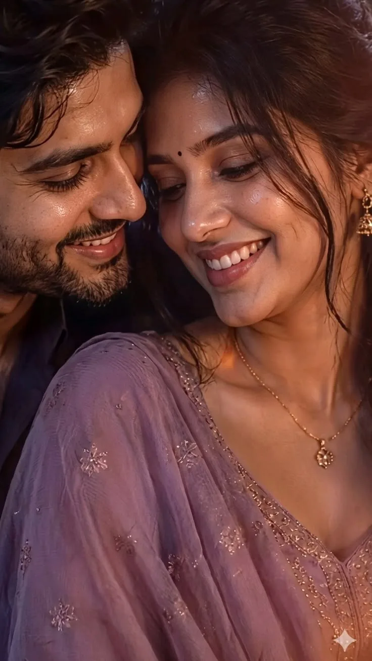 Prompt: Extremely detailed photorealistic close-up portrait of a young Indian couple in an intimate romantic moment, man with dark wavy