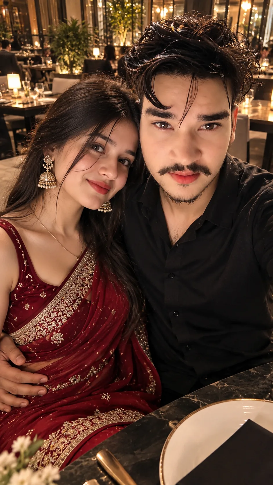 Create a highly photorealistic romantic restaurant selfie using the uploaded reference photo of the man as the exact face and identity