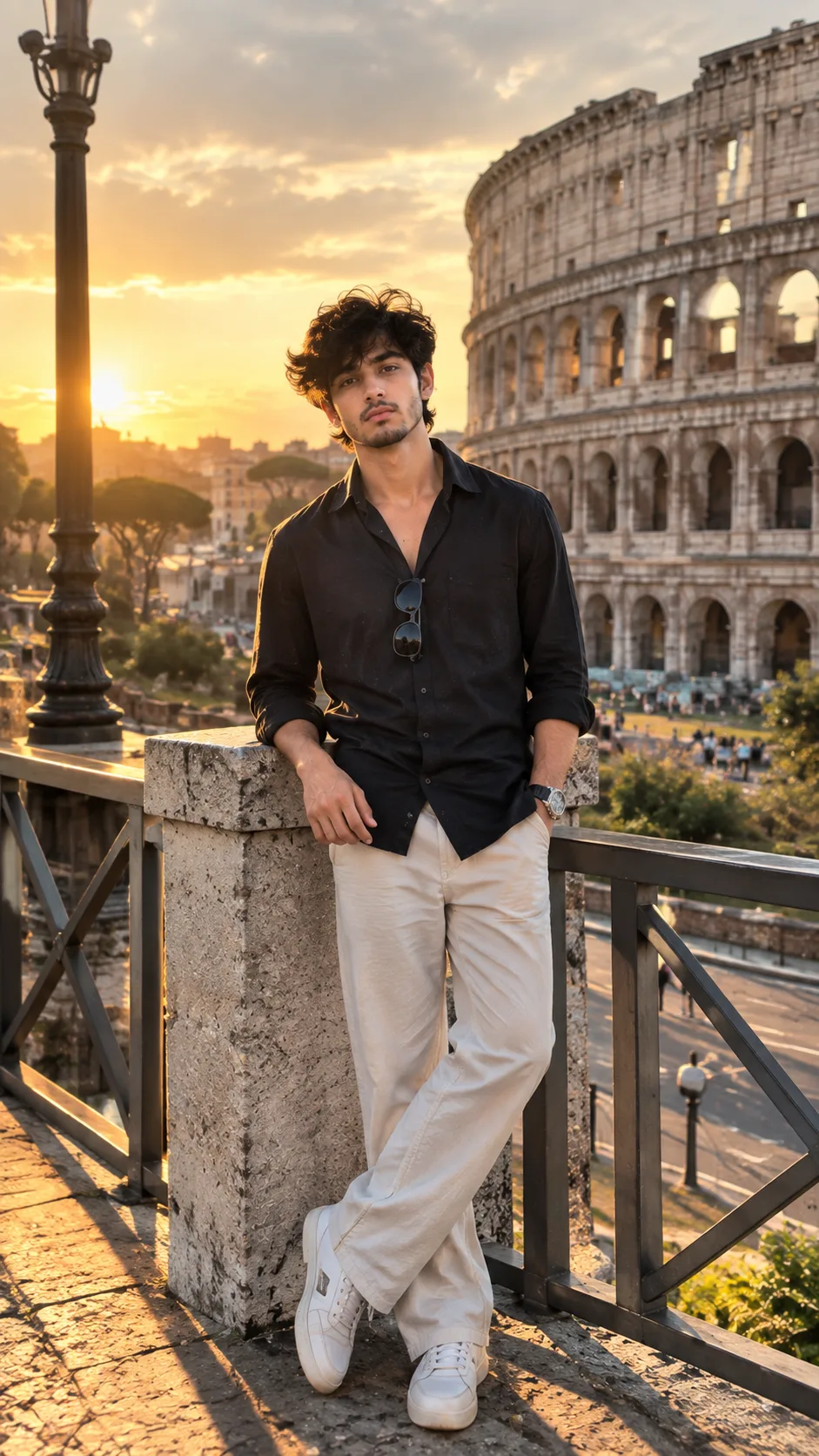 Create an ultra-realistic, cinematic full-body fashion portrait of a stylish young man standing in Rome, Italy, in a confident professional