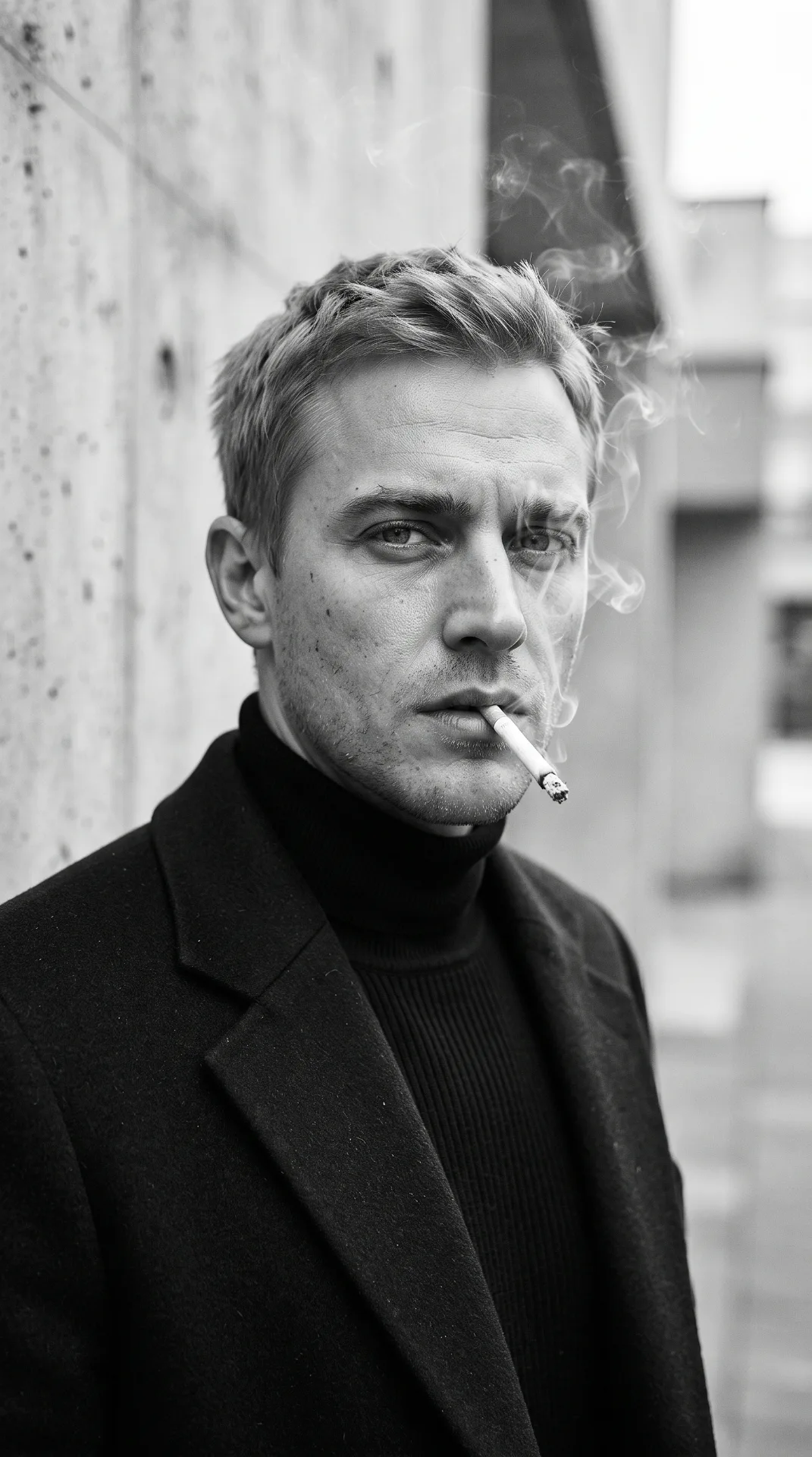 Ultra-realistic fashion black and white portrait of a man with short light hair, wearing a dark tailored coat and a black turtleneck.