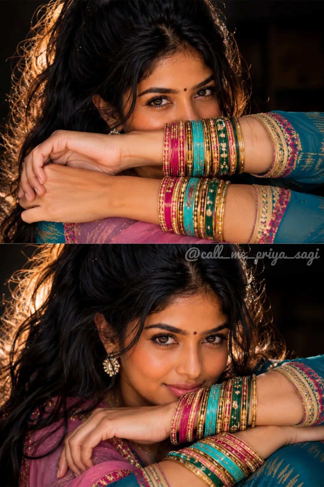 β¨π Listen Beautiful Bangles sound π§ β¨ Ultra-realistic 2-panel vertical collage (top and bottom), same young woman in both panels with