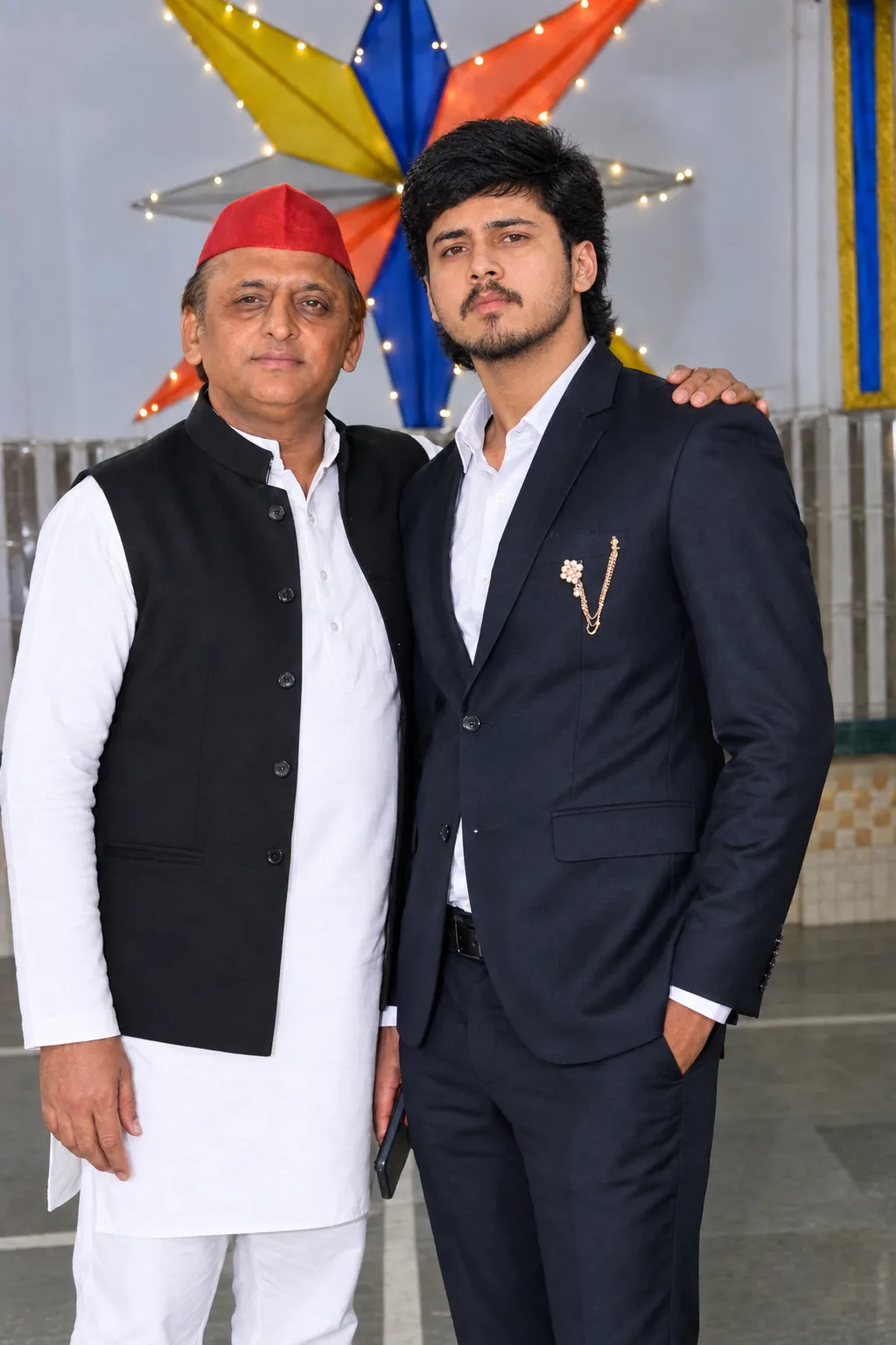 Create an ultra-realistic, professional portrait photograph of two South Asian men standing closely together at a festive indoor event.