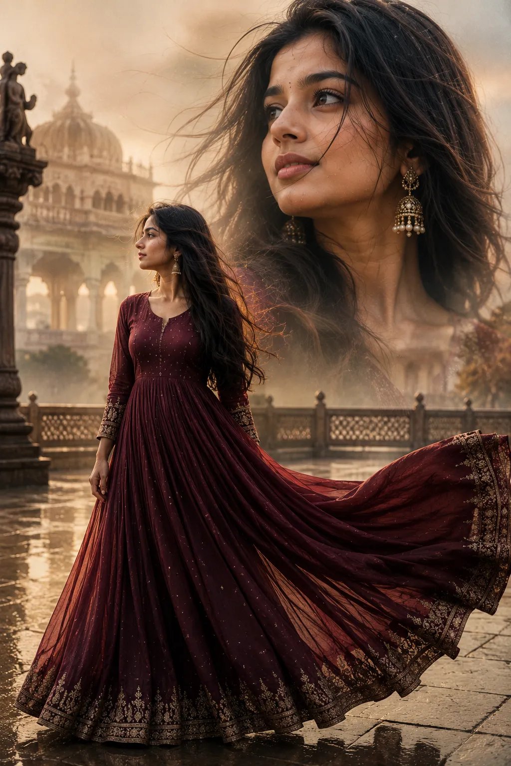 A double-exposure style cinematic portrait of a beautiful young Indian woman with long, flowing dark brown hair.