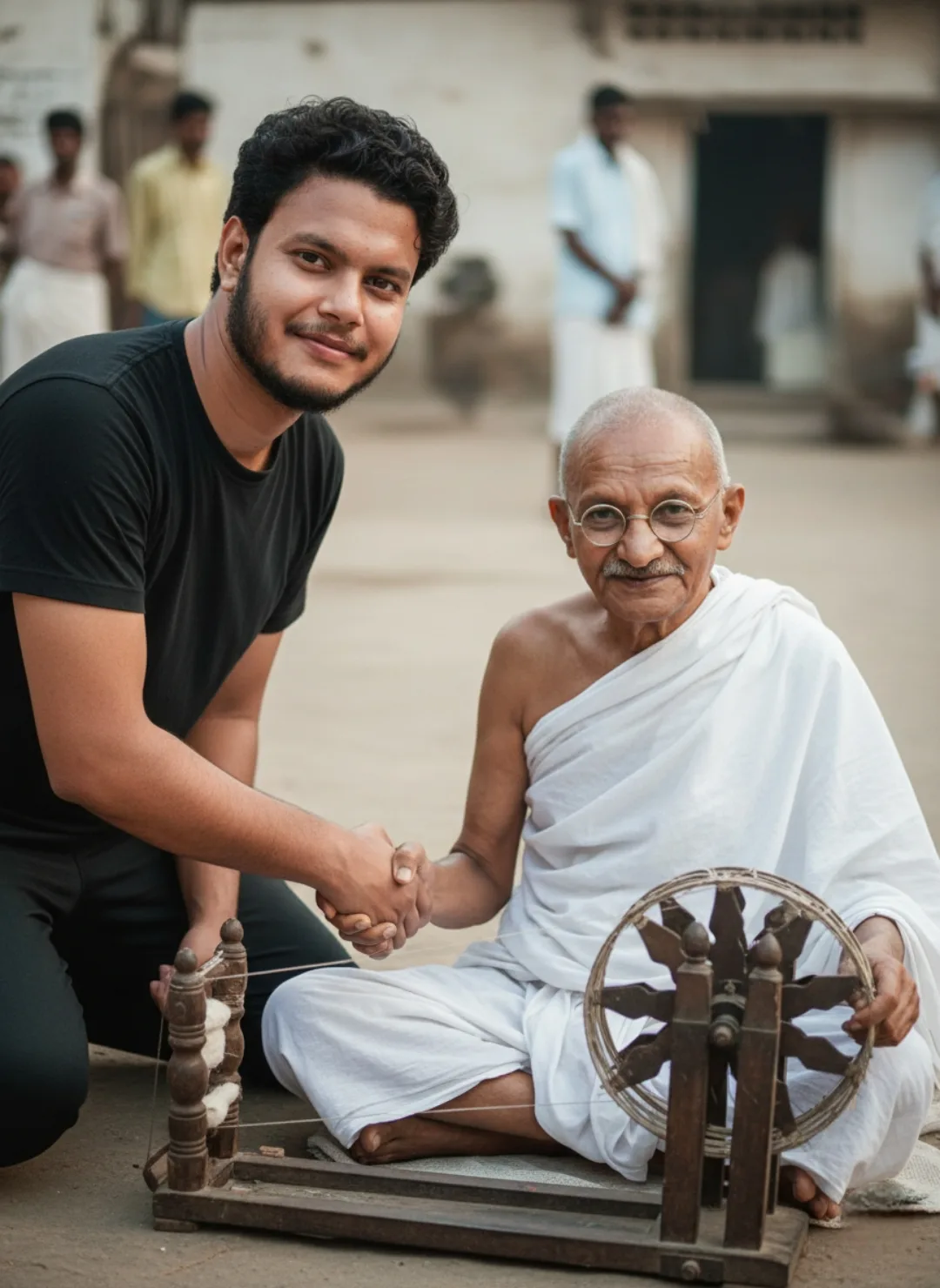 * A photorealistic image of a young Indian man with curly black hair, short beard, and a warm smile, wearing a plain black t-shirt,