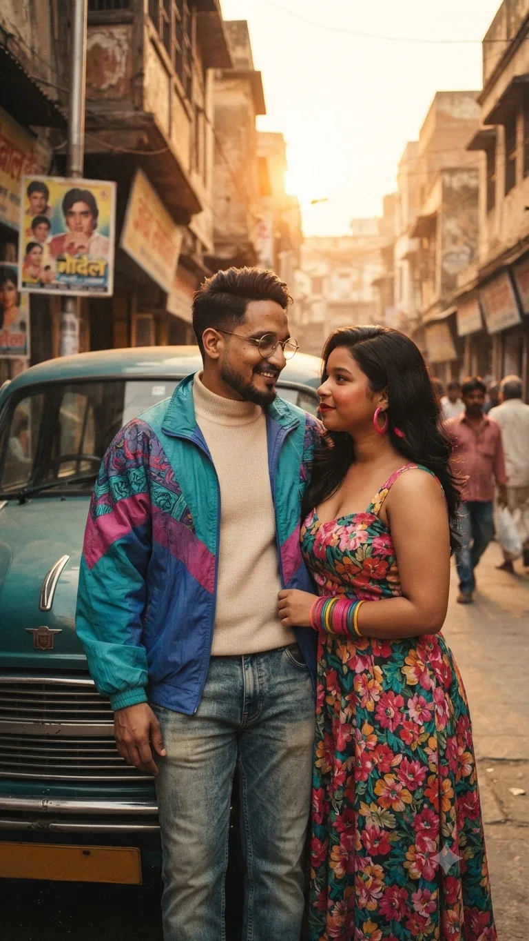 Ultra-realistic cinematic vintage photograph of a 20-year-old Indian couple beside a classic teal vintage car.