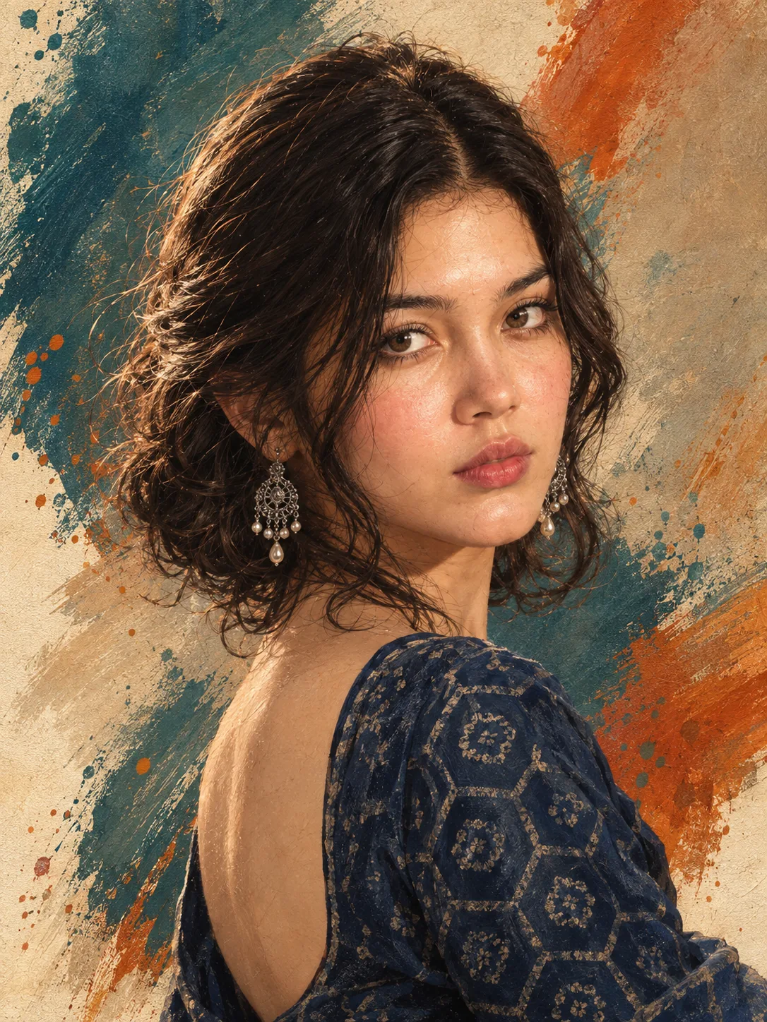 A beautiful semi-realistic digital portrait of an elegant young woman with short wavy dark brown hair, soft glowing skin, and expressive