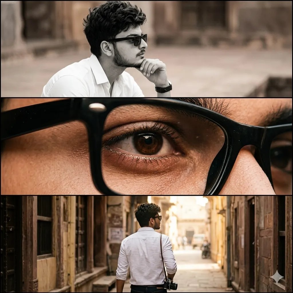 A three-panel collage, cinematic film photography.