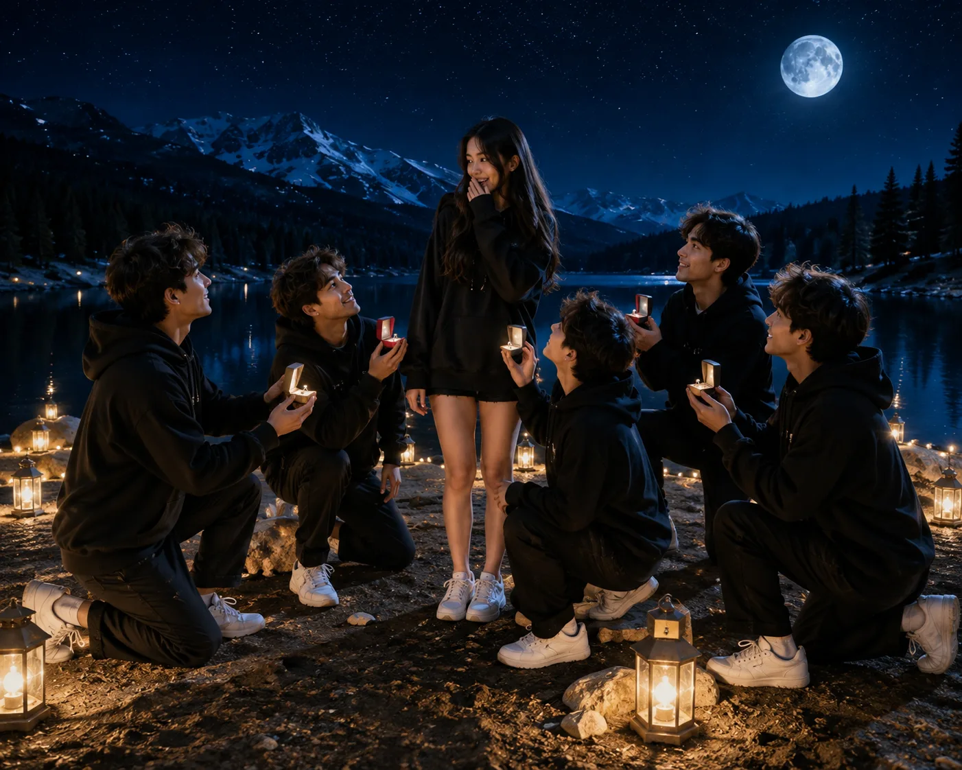Create a photorealistic cinematic nighttime romantic scene at a beautiful alpine mountain lake.