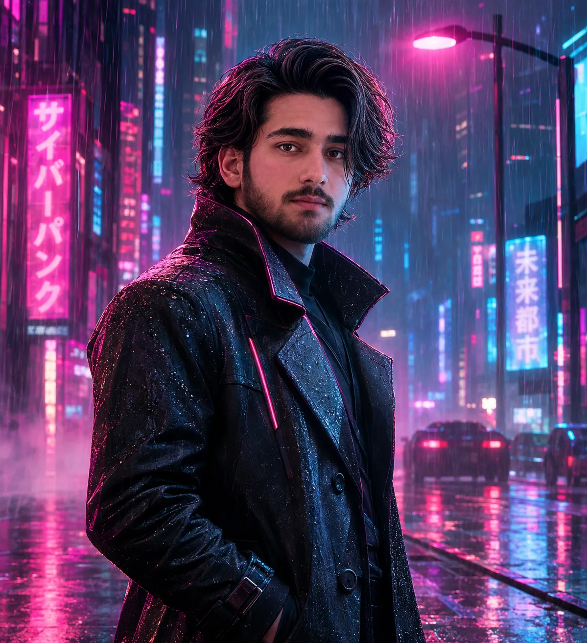 A rain-drenched cyberpunk city glows in vivid magenta and cyan, its slick pavement reflecting blurred neon signs, vertical light bars,