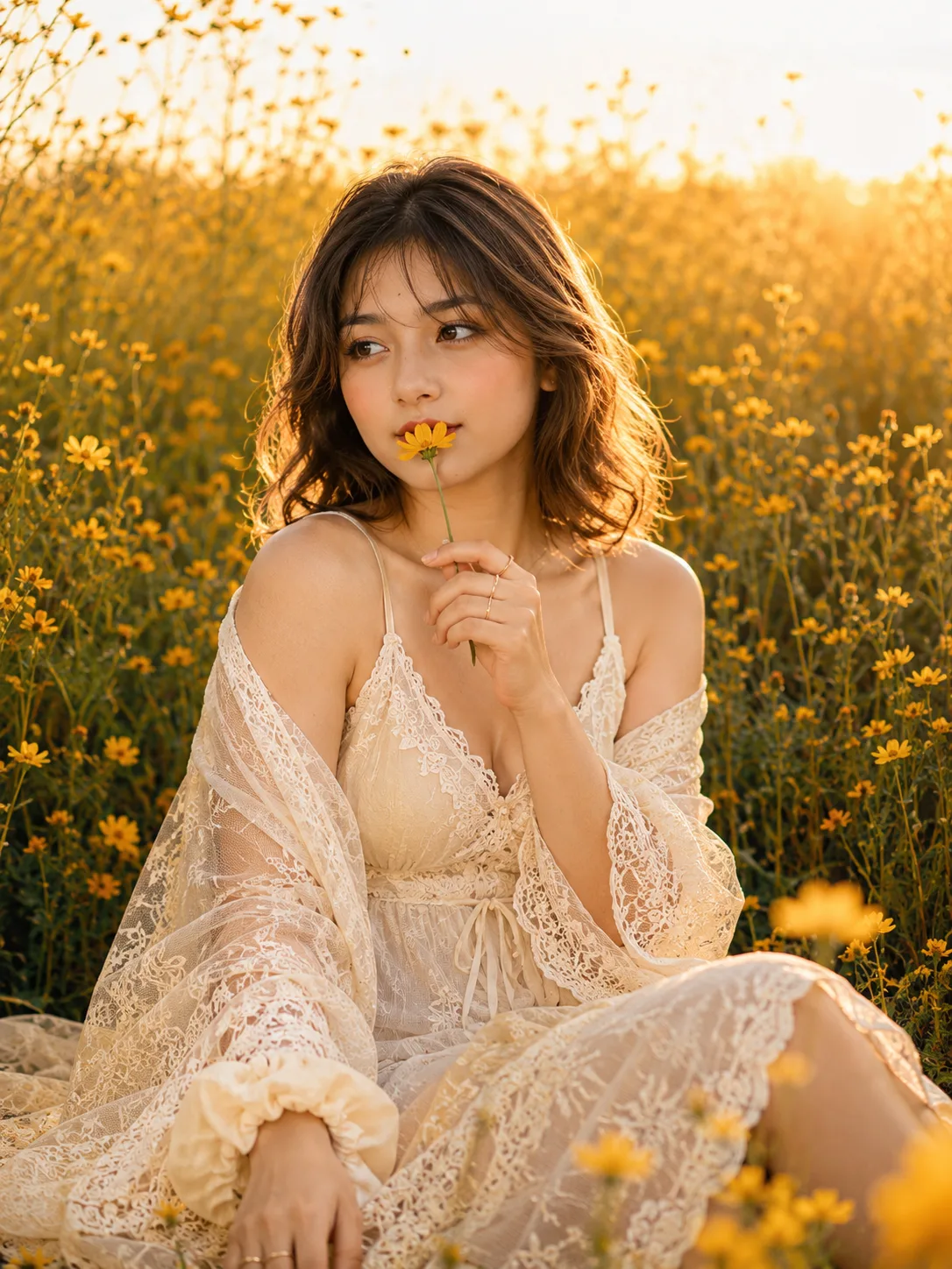 A high-end photorealistic knee-up portrait of a young adult woman sitting in a field of tiny yellow wildflowers glowing in the evening