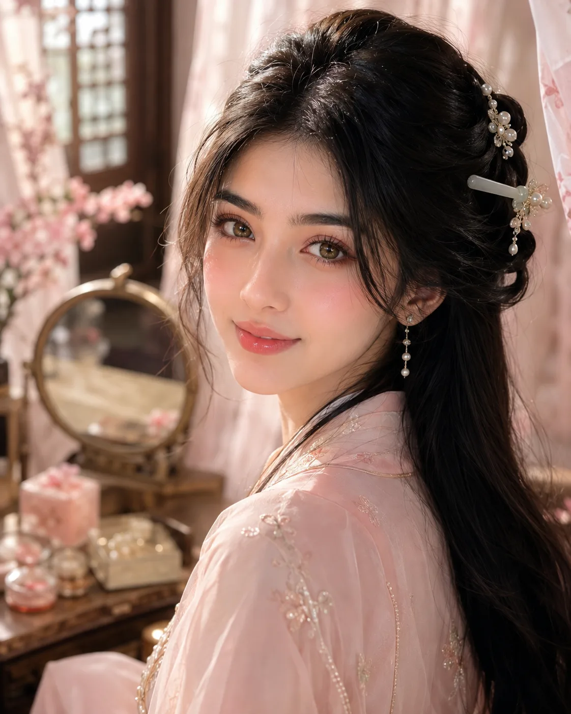 生成一张4:5 竖版高清图片,高精度古风贵女水光美妆特写,东方水光美妆人像,闺阁日常贵女写真,画面主体是一位明确成年的年轻东方女性,视觉年龄约 22–26