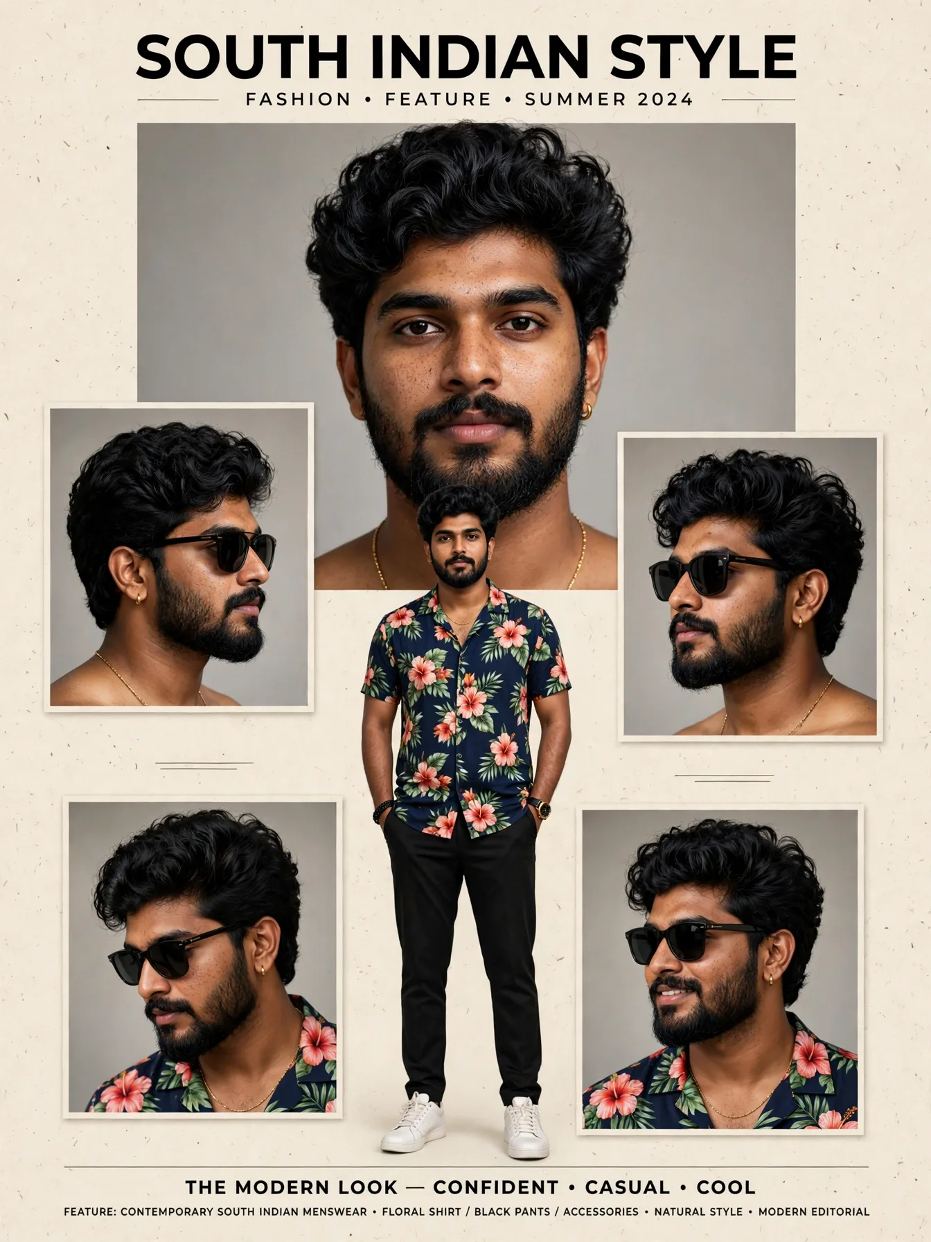 Ultra-realistic South Indian fashion collage poster featuring the same young man in multiple stylish poses.