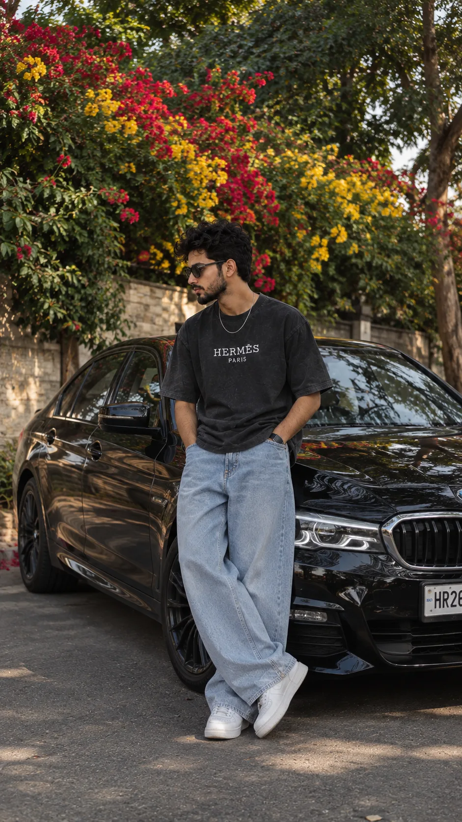 Ultra-photorealistic DSLR full-body photo, use the reference outfit with high super-wide-leg light-blue jeans and white sneakers.