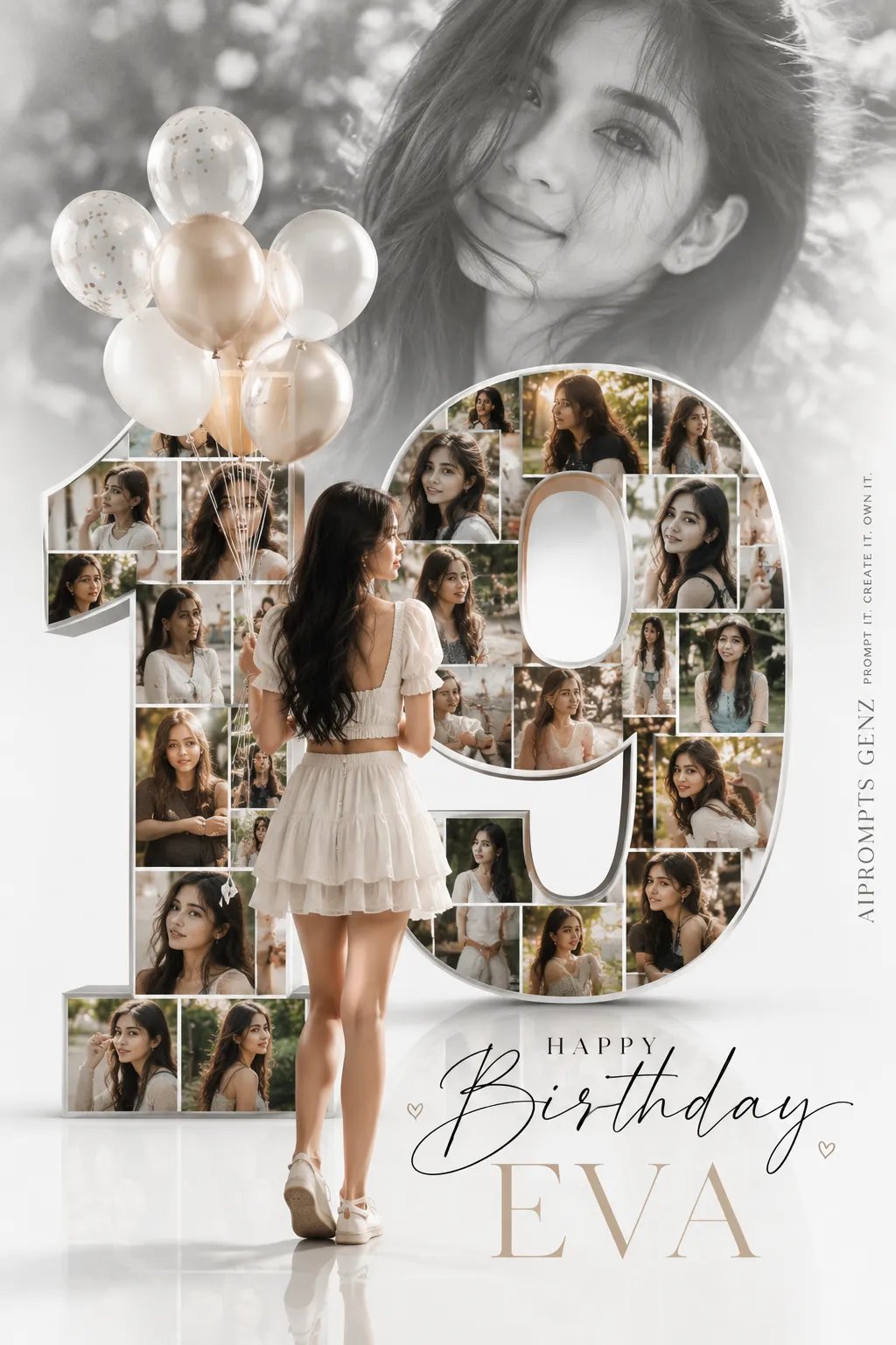 Ultra-realistic Korean editorial inspired birthday poster with giant number “19” made from aesthetic photo collage frames.