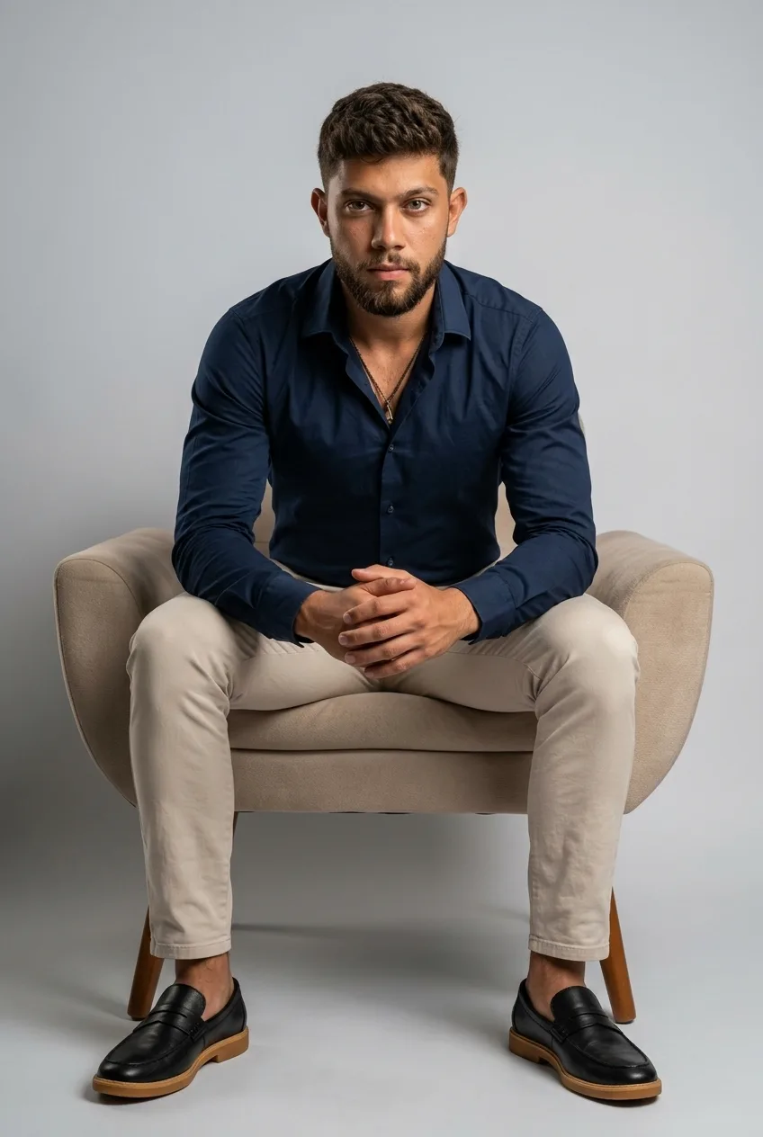 Studio portrait of a confident man sitting on a modern beige armchair with wooden legs, leaning slightly forward with his hands together.