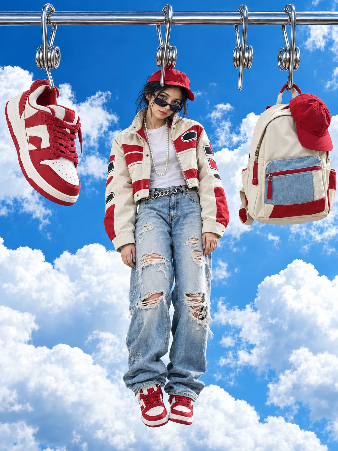 surreal fashion campaign image of a young woman with the face from the reference photo hanging suspended from an oversized chrome wire