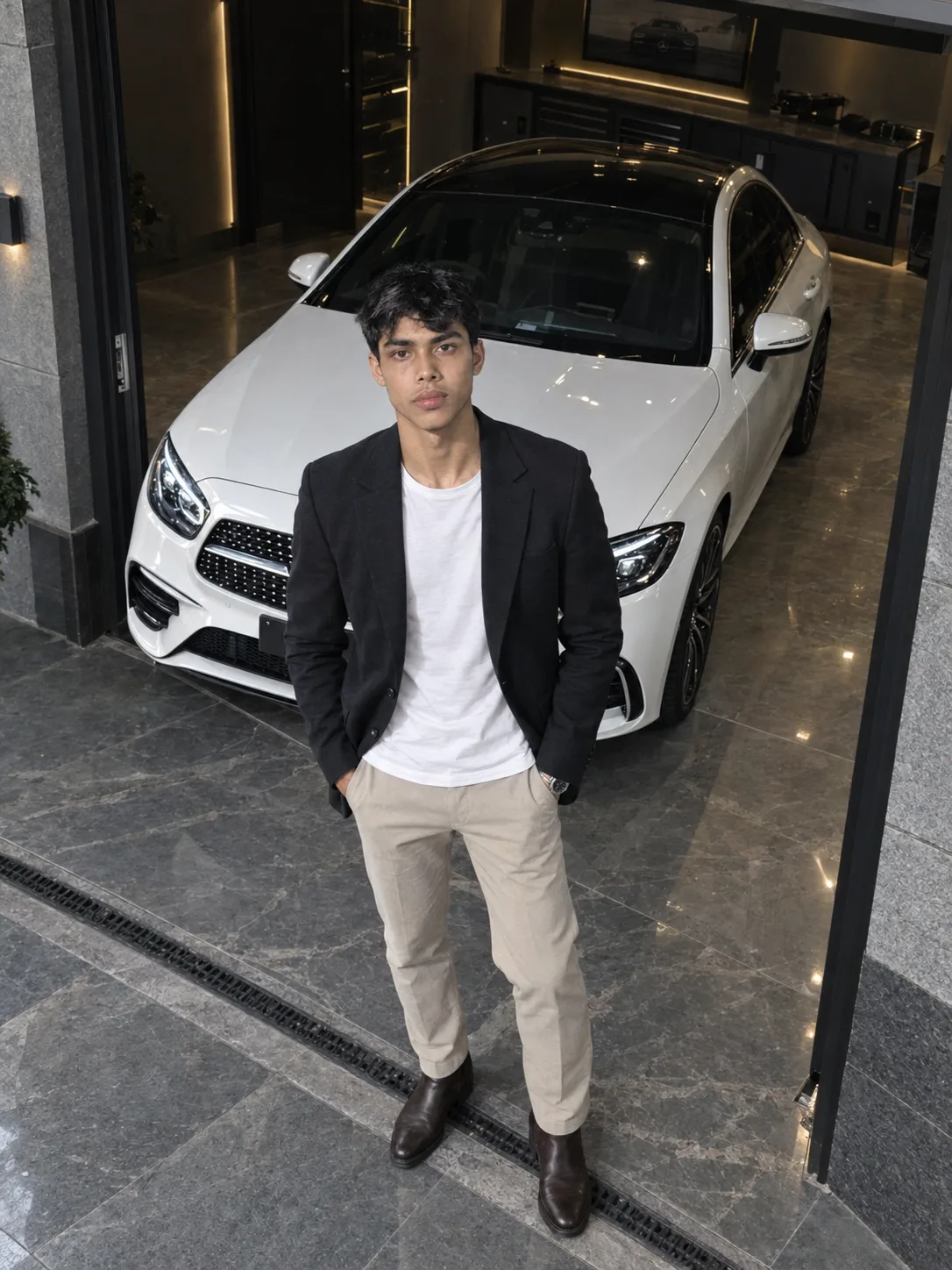 Create an ultra-realistic, photorealistic 8K professional automotive fashion photoshoot in a vertical 3:4 portrait aspect ratio.