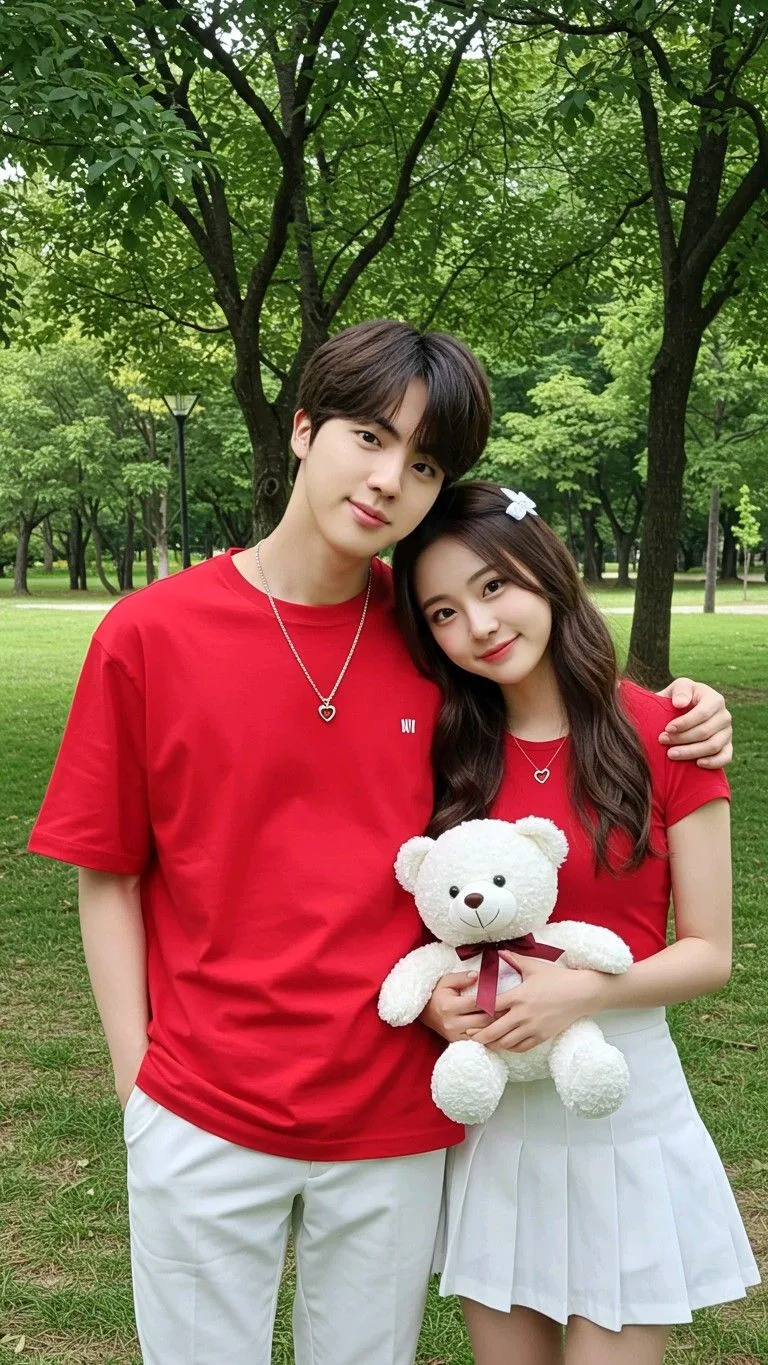 A professional, bright outdoor lifestyle portrait photograph capturing a young, handsome East Asian couple posing affectionately together