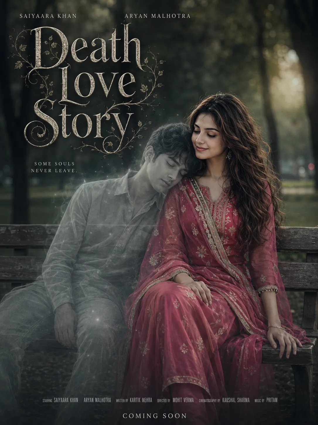A cinematic poster titled "Death Love Story" in elegant gothic typography.