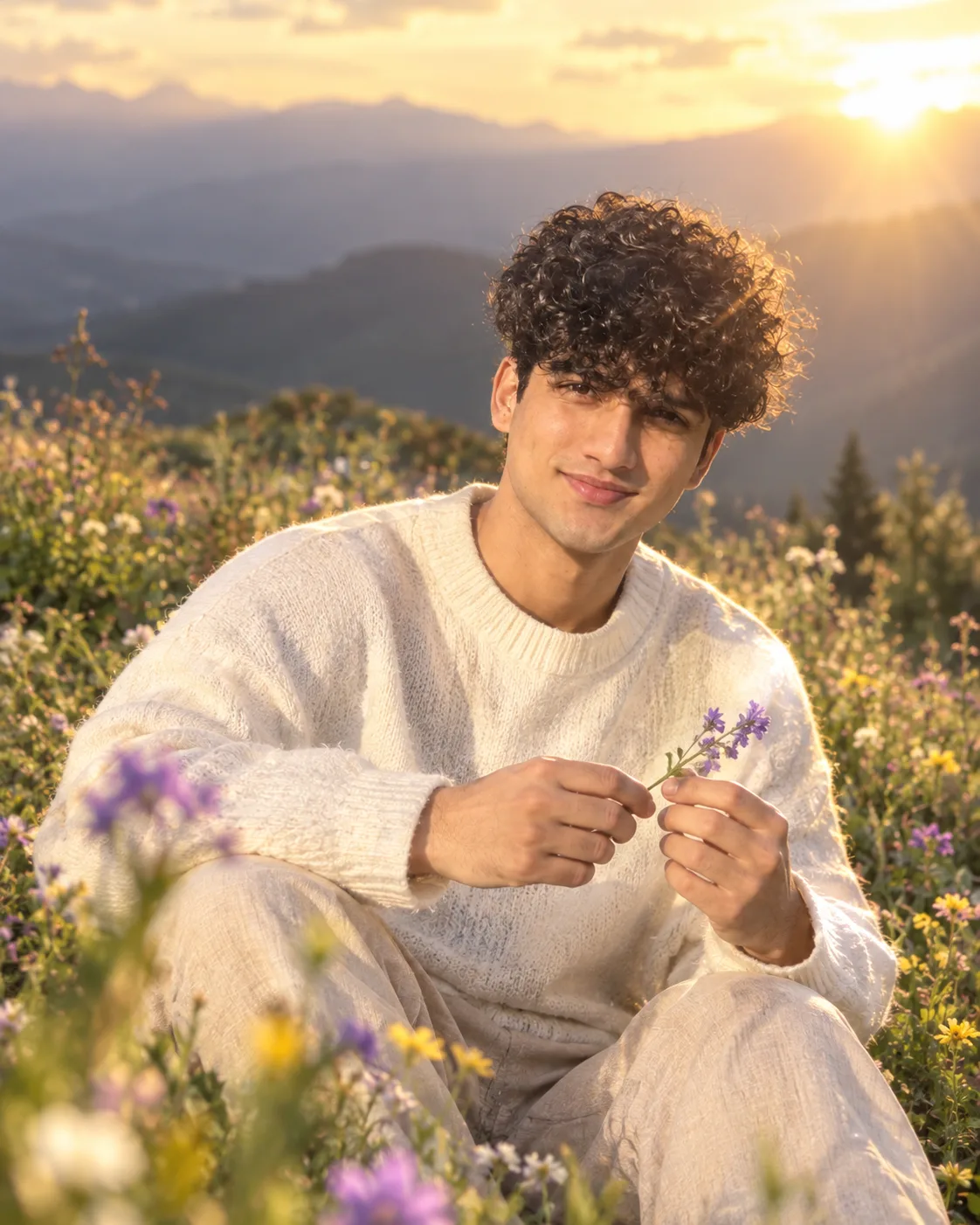 Young man sitting in a field of wildflowers in the mountains.