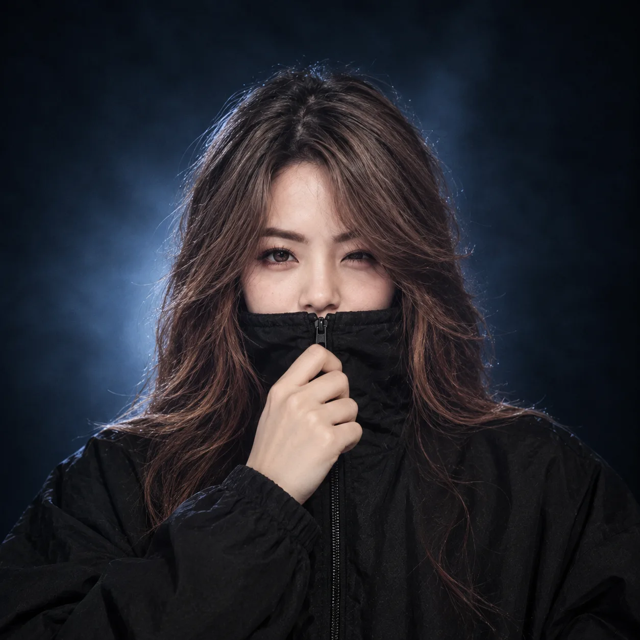 **Ultra-realistic cinematic close-up portrait of a young woman facing directly toward the camera, centered composition, wearing a black