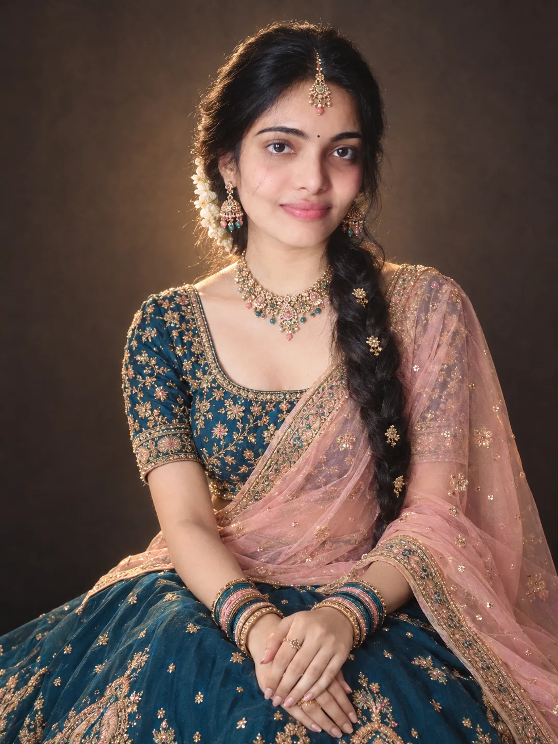 Create an ultra-realistic, premium cinematic portrait of a beautiful young South Asian Indian woman sitting gracefully and facing the