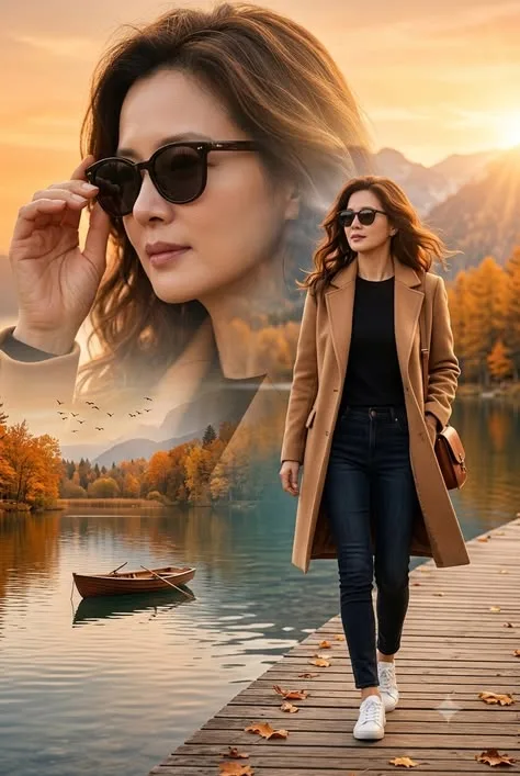 A double-exposure cinematic photo collage of an elegant East Asian woman during autumn.