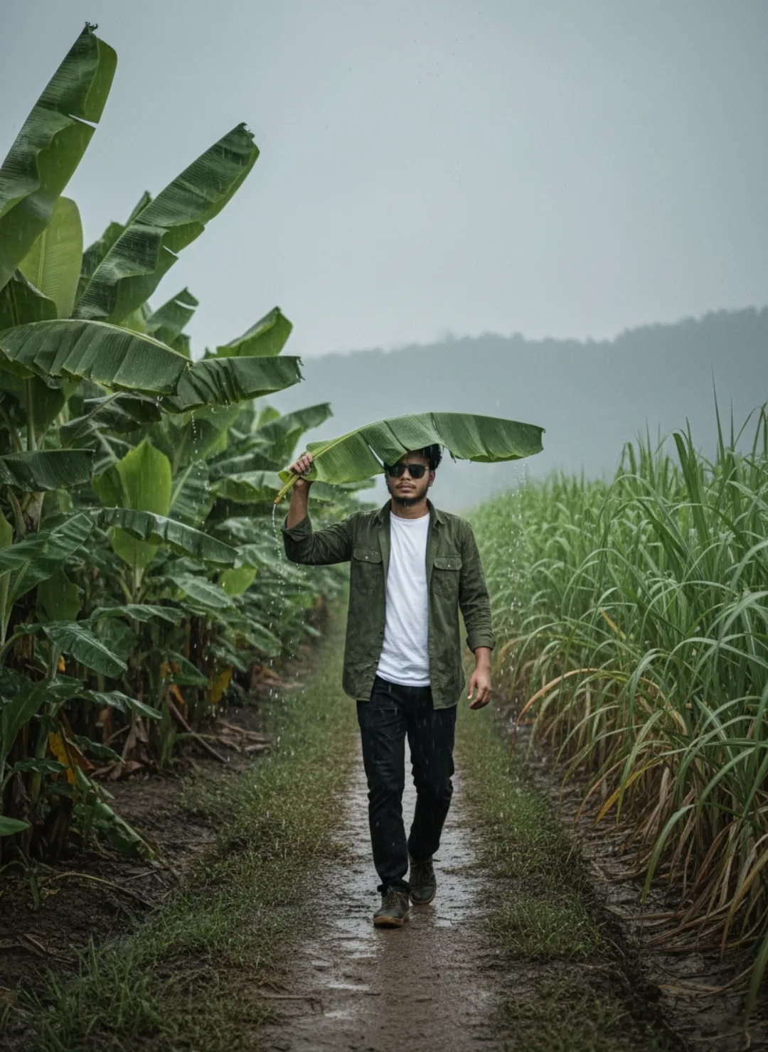 A young South Asian man with short black hair, light beard, and black sunglasses walks confidently toward the camera on a narrow muddy dirt