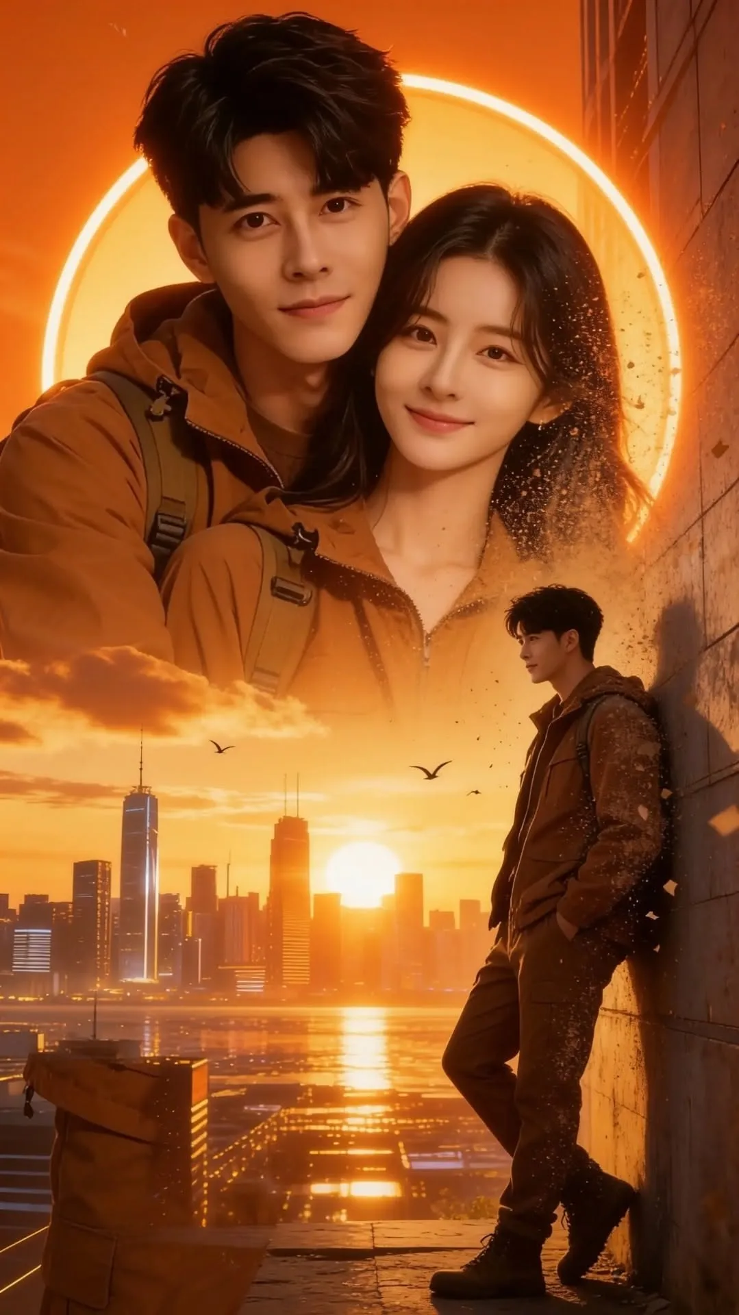 A beautiful double exposure movie poster style artwork featuring a young East Asian couple.