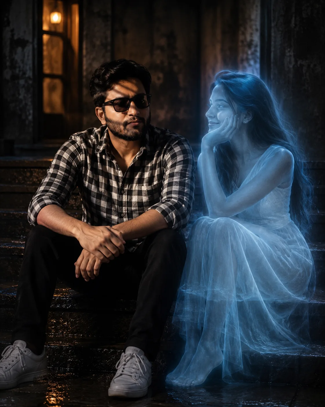 Create an ultra-realistic cinematic supernatural portrait of a young South Asian man sitting on wet, dark stone stairs beside the