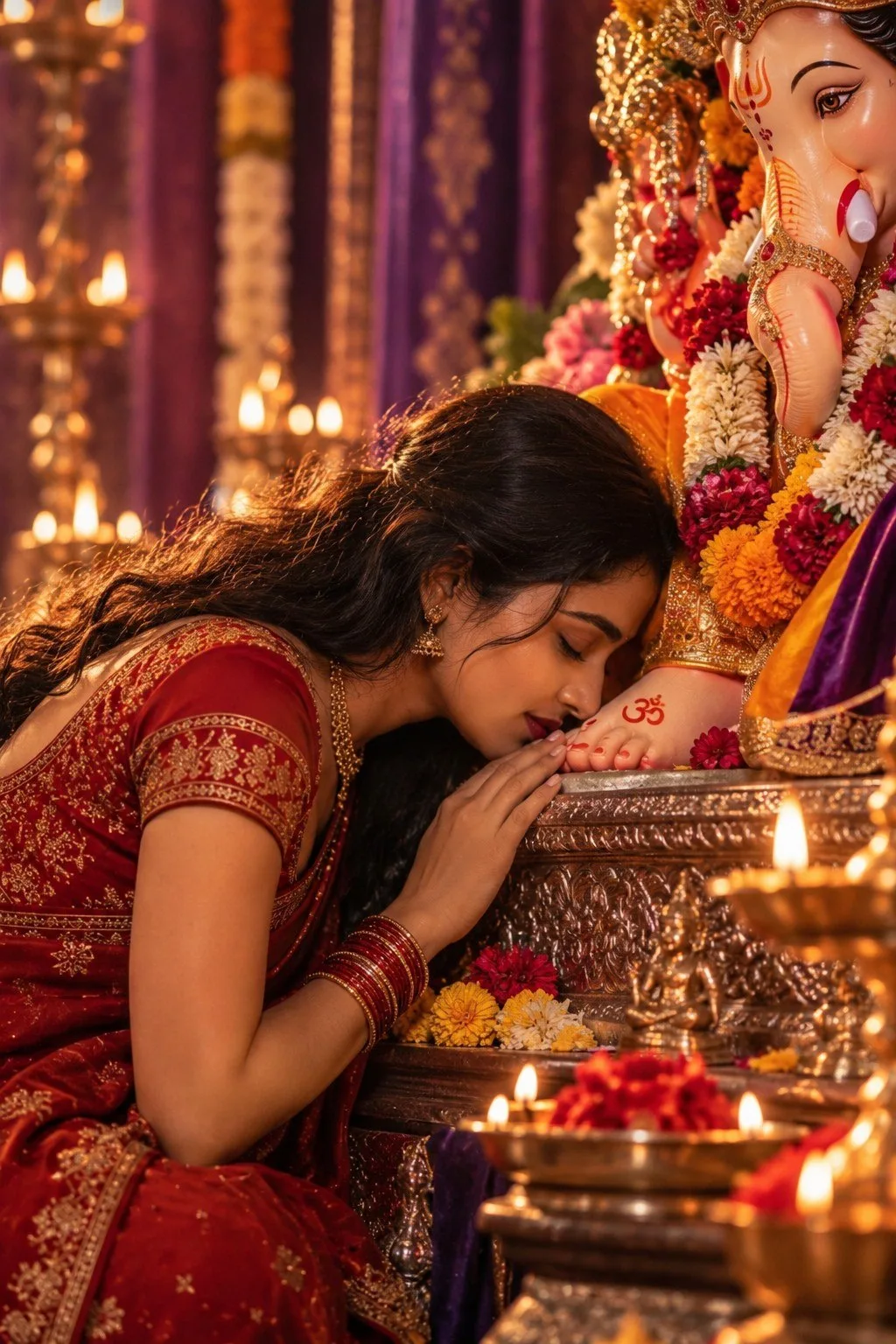 Warm orange and purple tones, soft Create a hyper-realistic, cinematic devotional photograph exactly matching the reference image.