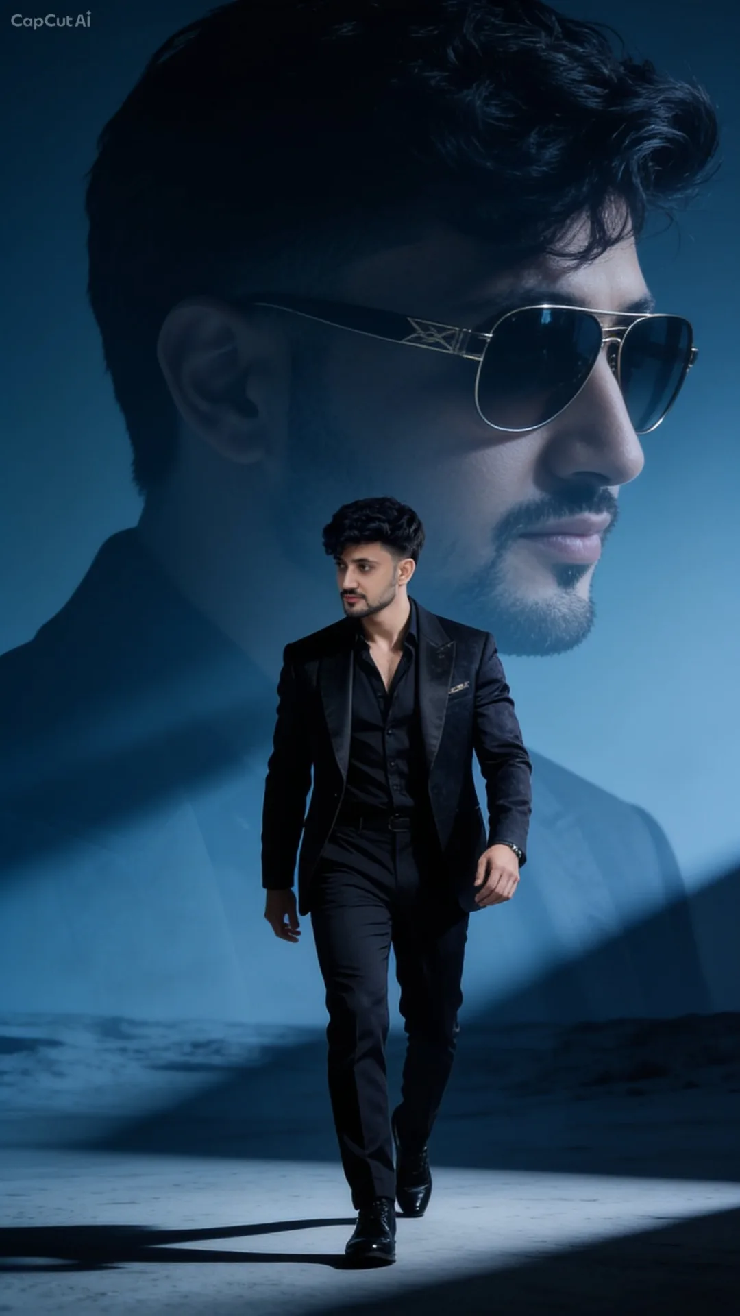 A cinematic high-fashion double-exposure poster featuring a handsome South Asian man with voluminous textured dark hair and a well-groomed