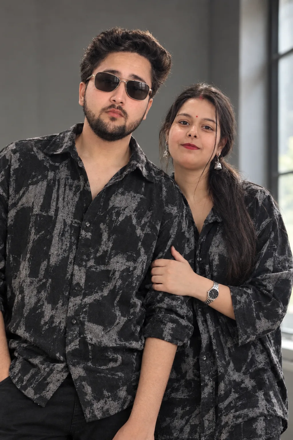 Create a highly realistic candid couple portrait using the reference image.