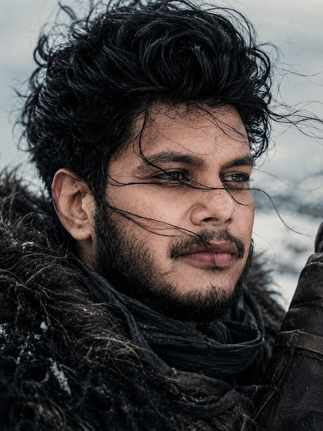 **Prompt:** Close-up cinematic portrait of a rugged young man with intense dark eyes, thick voluminous messy black hair windswept across