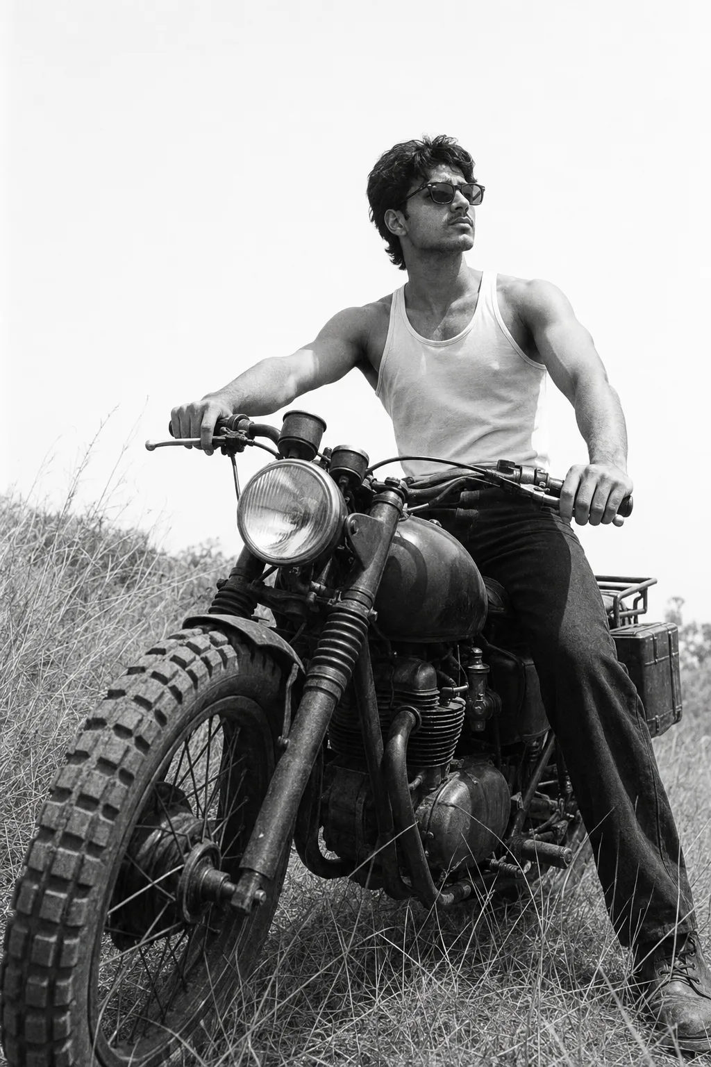 Exact Image Recreation Prompt Create a highly photorealistic black-and-white cinematic editorial photograph of a young adult man sitting on