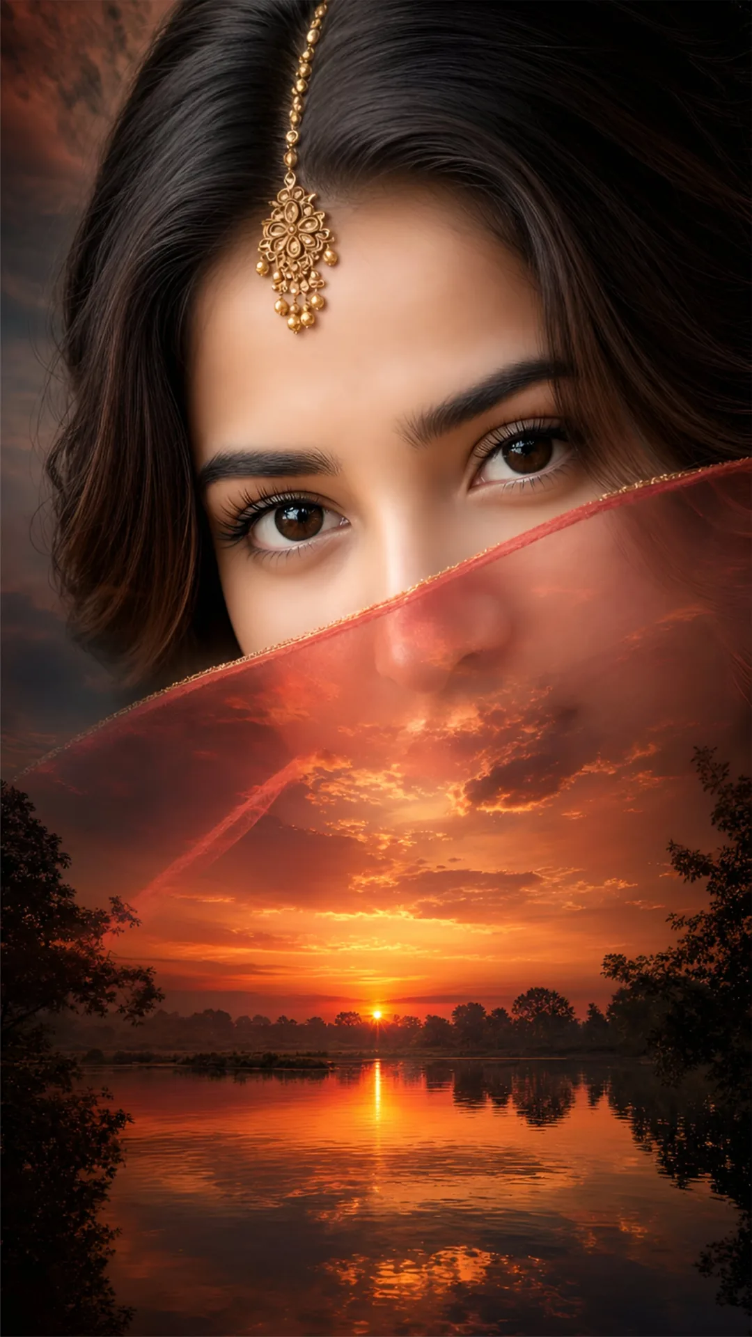 A breathtaking double-exposure cinematic portrait of a beautiful young South Asian woman.