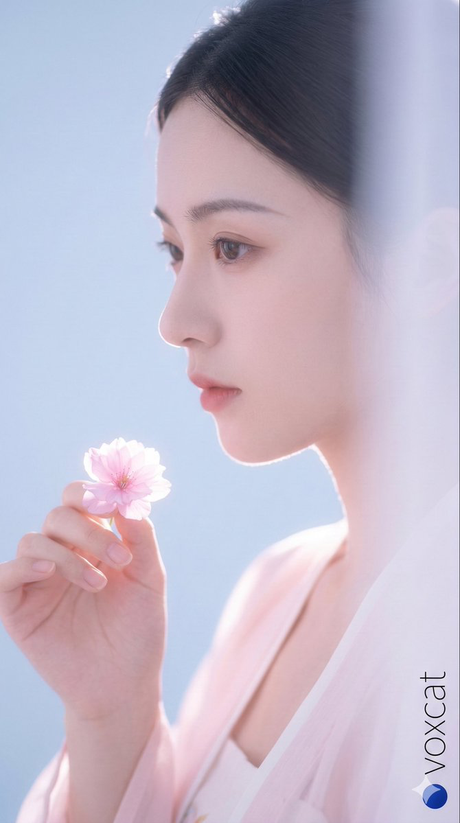 A cinematic half-body close-up portrait of an elegant and cool ancient Chinese young woman.