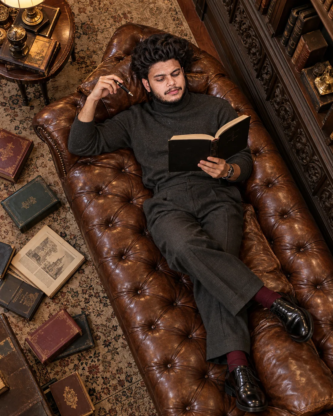 Ultra-realistic cinematic editorial portrait, photographed from a high overhead angle inside an opulent vintage library.