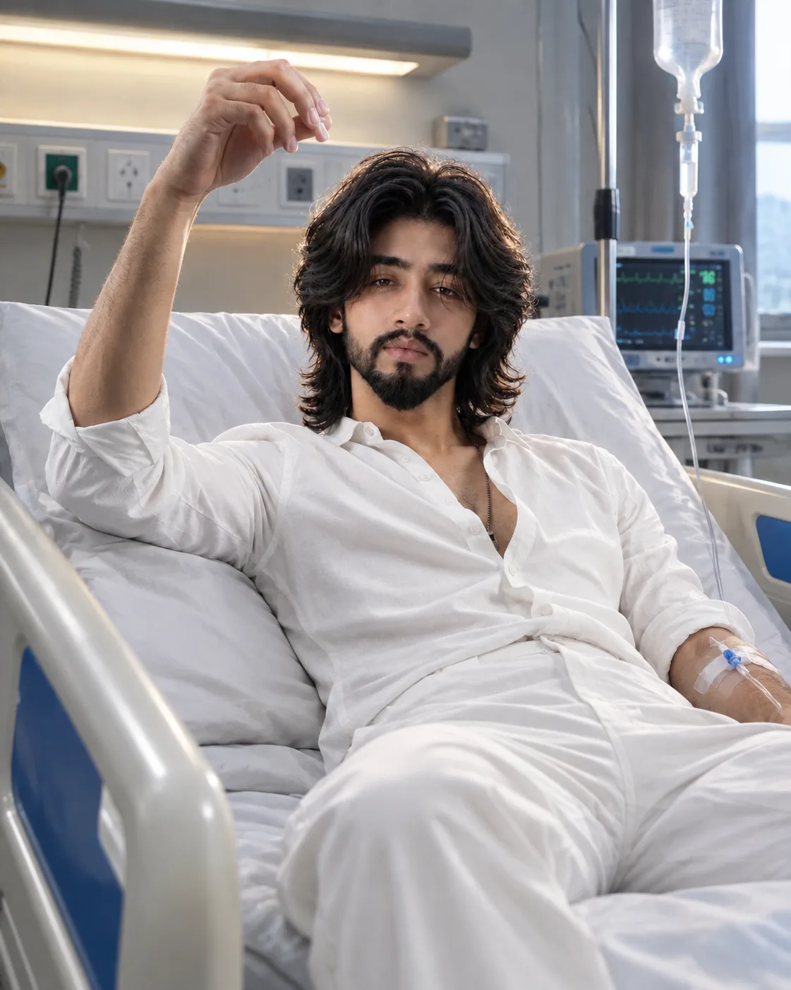 A hyper-realistic depiction of a person lying half-upright in a modern hospital bed, wearing smart, tailored white shirt and pants.