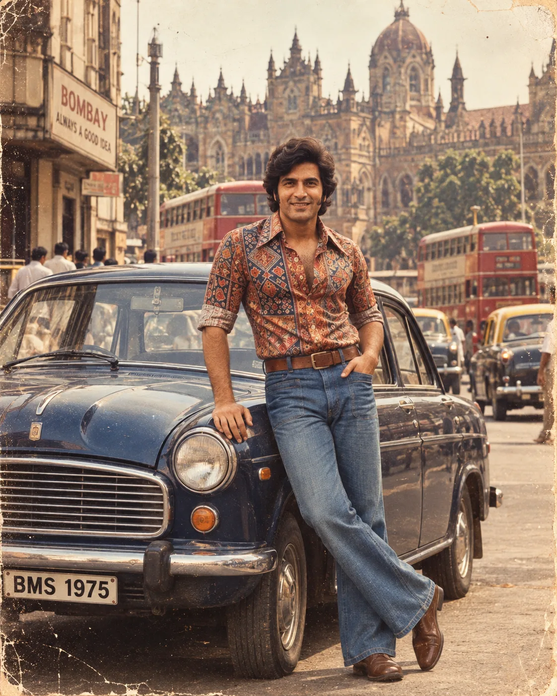 > Create a highly realistic vertical 4:5 cinematic vintage 1970s Indian photograph using TWO image references.
